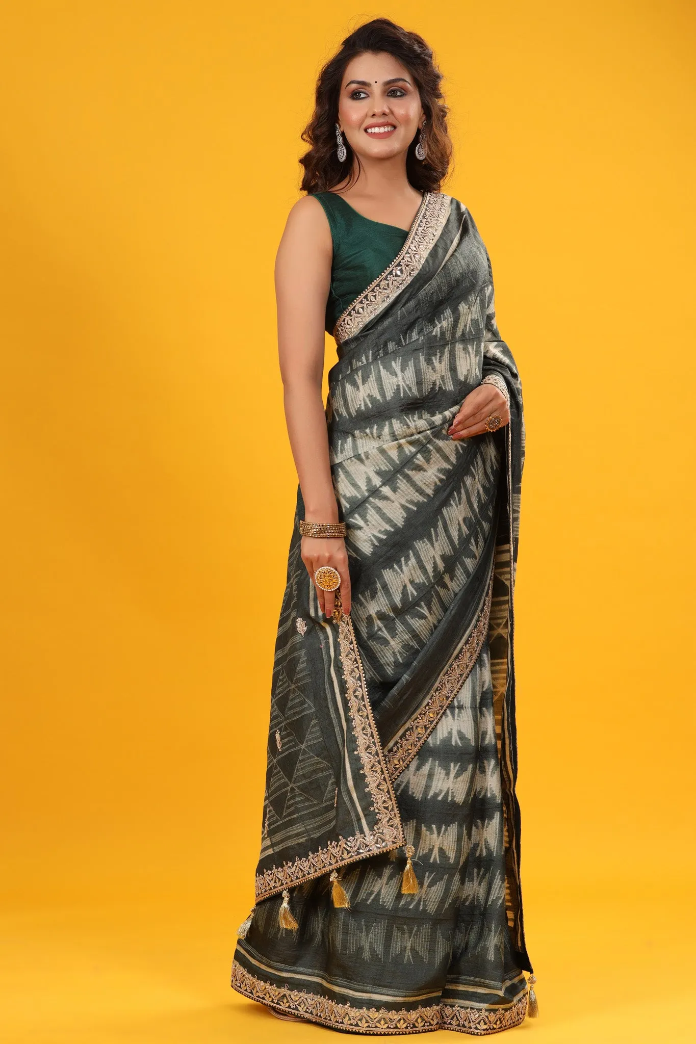 90Z658-RO Grey Printed Tussar Silk Sari with Embroidered Border