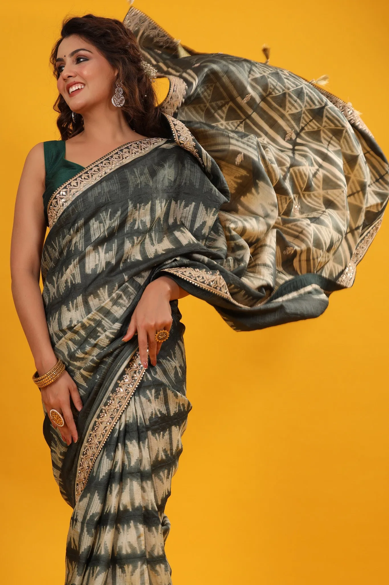 90Z658-RO Grey Printed Tussar Silk Sari with Embroidered Border