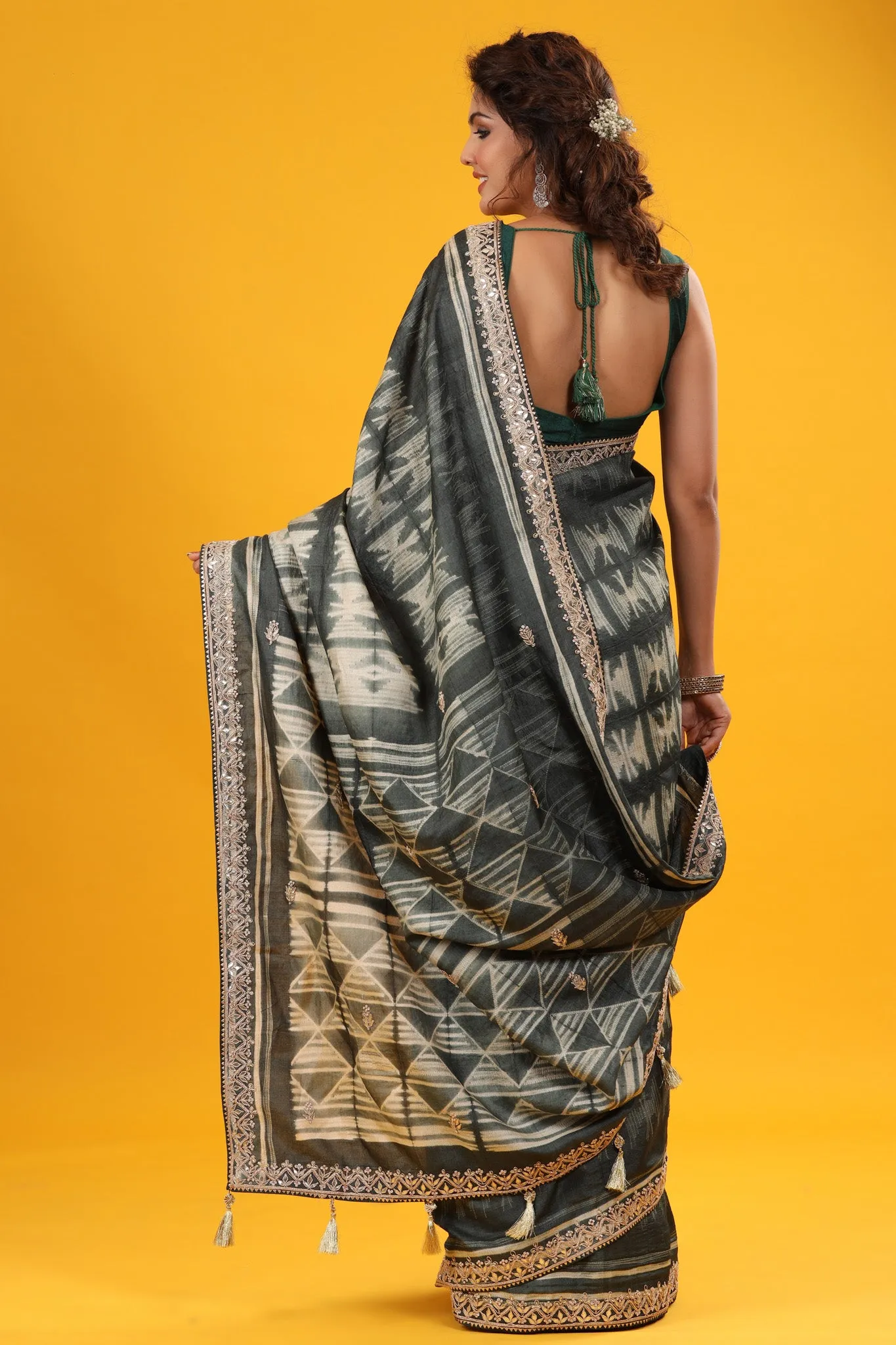 90Z658-RO Grey Printed Tussar Silk Sari with Embroidered Border