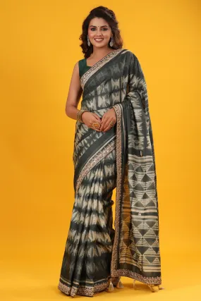 90Z658-RO Grey Printed Tussar Silk Sari with Embroidered Border