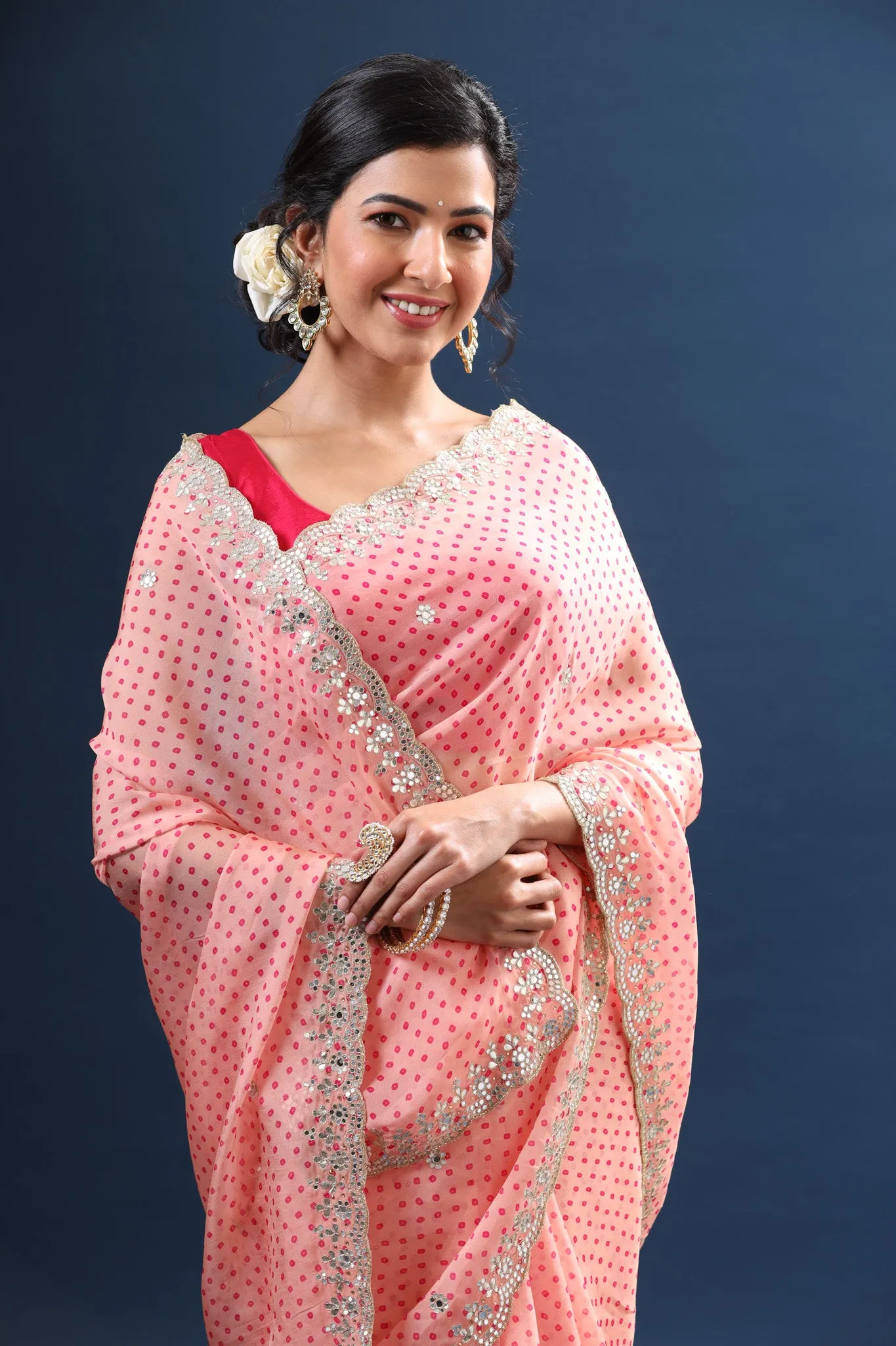 90Z669-RO Powder Pink Bandhej Organza Saree with Scalloped Border