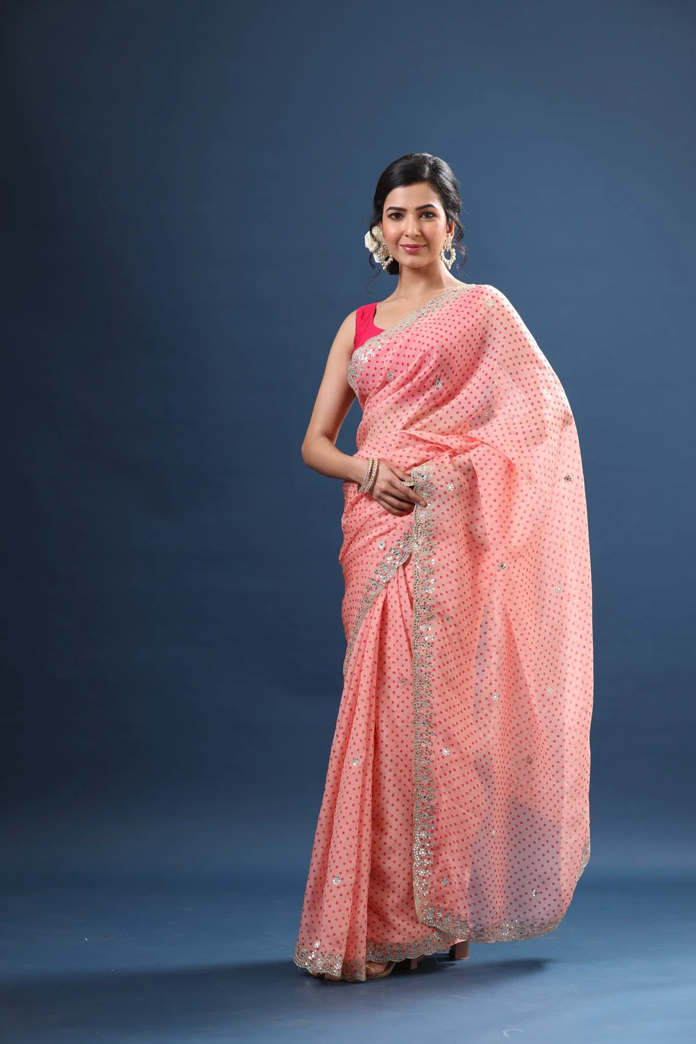 90Z669-RO Powder Pink Bandhej Organza Saree with Scalloped Border