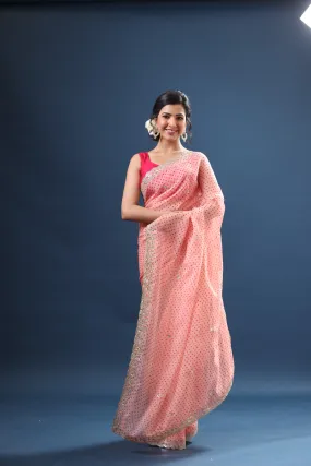 90Z669-RO Powder Pink Bandhej Organza Saree with Scalloped Border