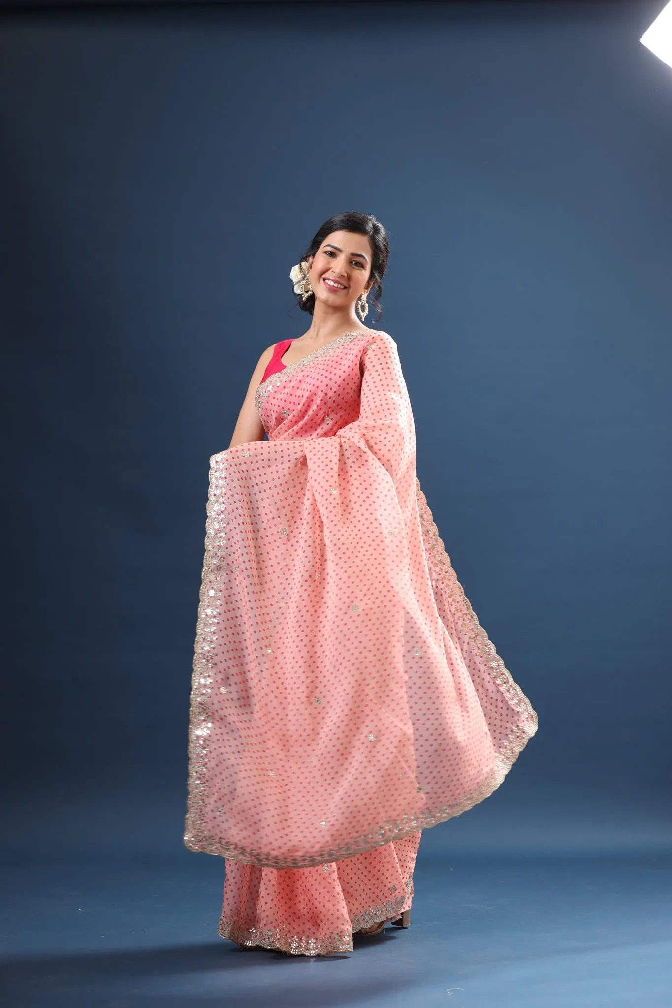 90Z669-RO Powder Pink Bandhej Organza Saree with Scalloped Border