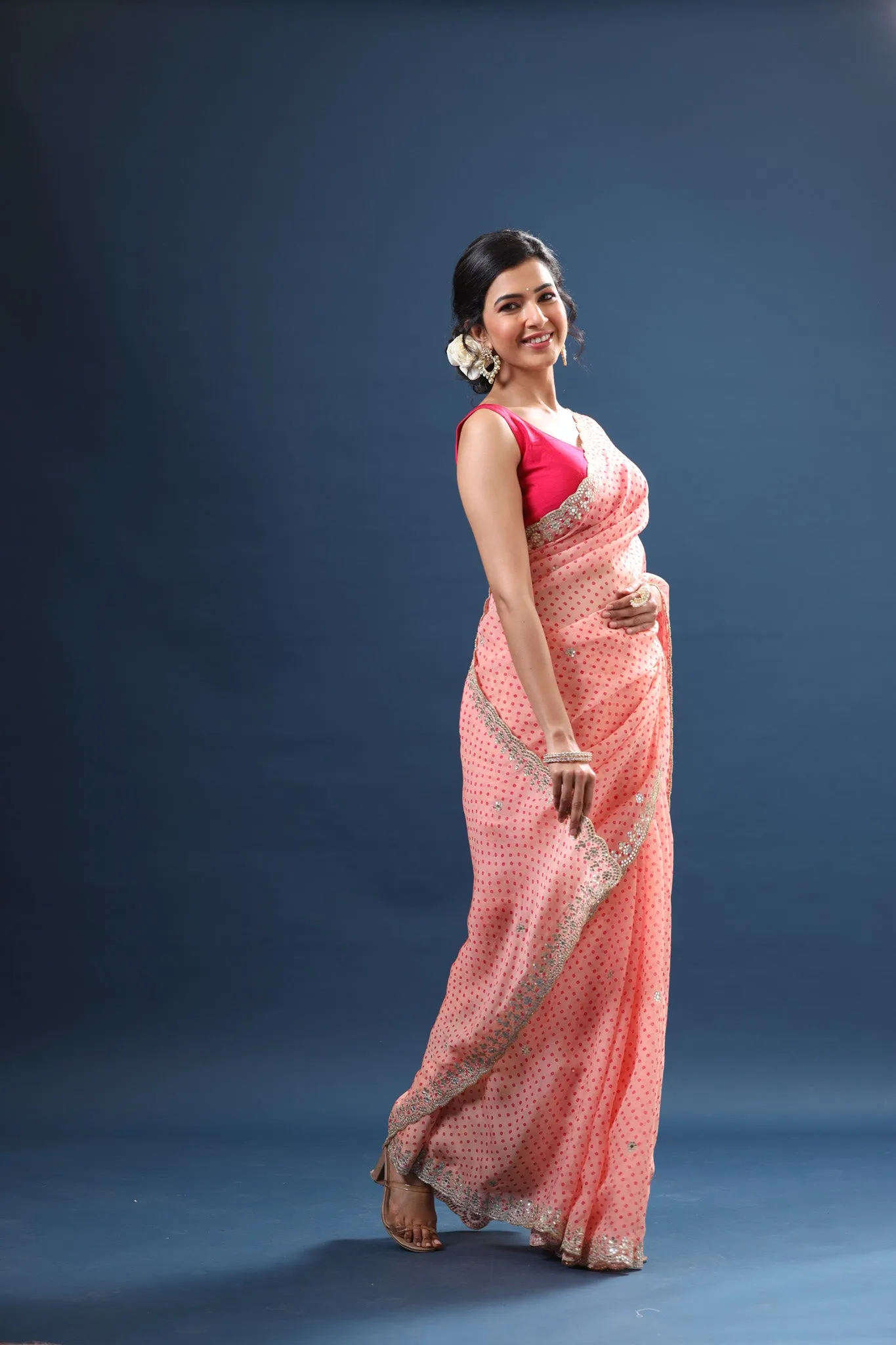 90Z669-RO Powder Pink Bandhej Organza Saree with Scalloped Border