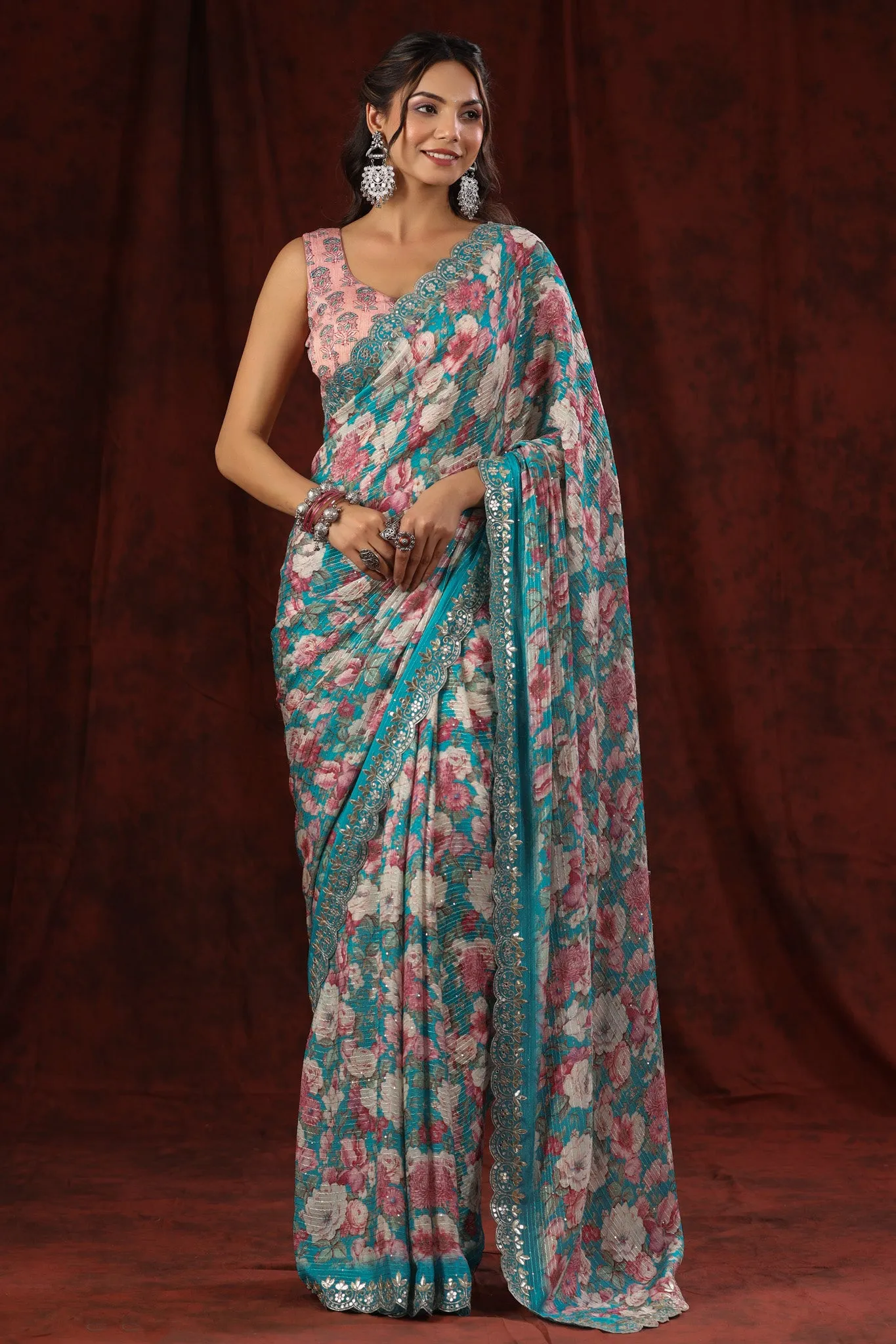 90Z710-NRO Blue Floral Crepe Saree with Embroidered Border