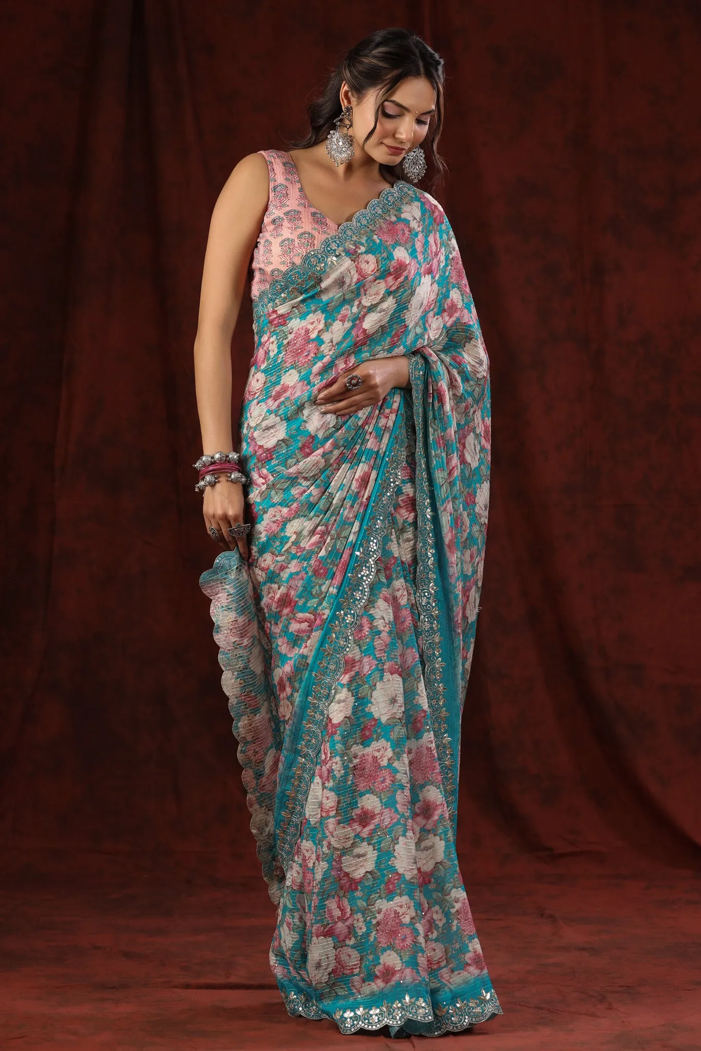 90Z710-NRO Blue Floral Crepe Saree with Embroidered Border