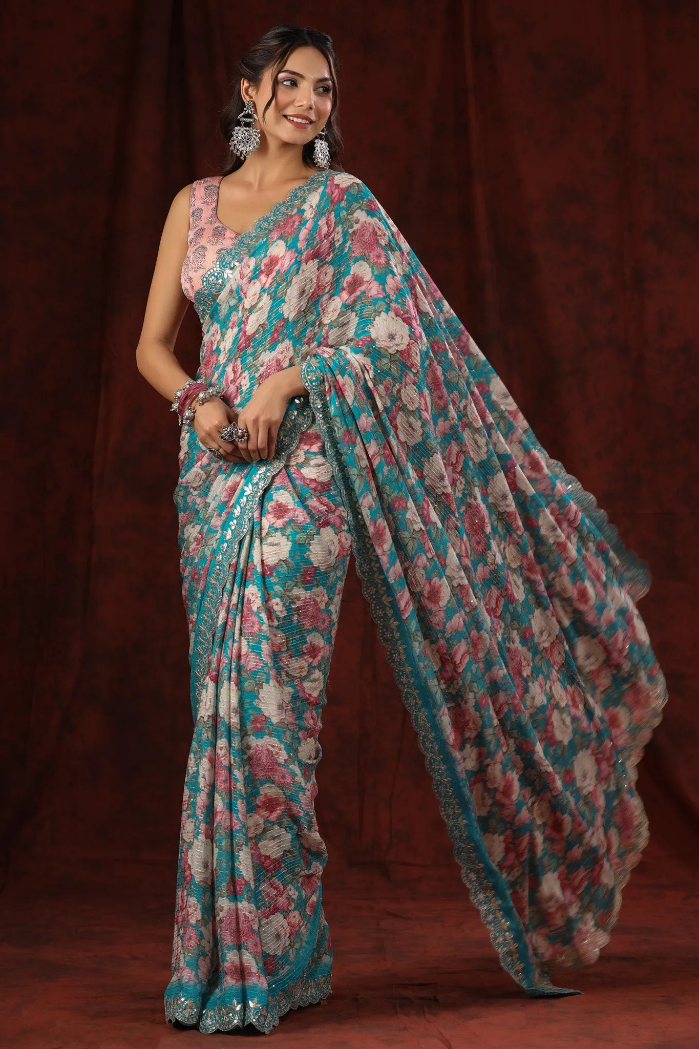 90Z710-NRO Blue Floral Crepe Saree with Embroidered Border