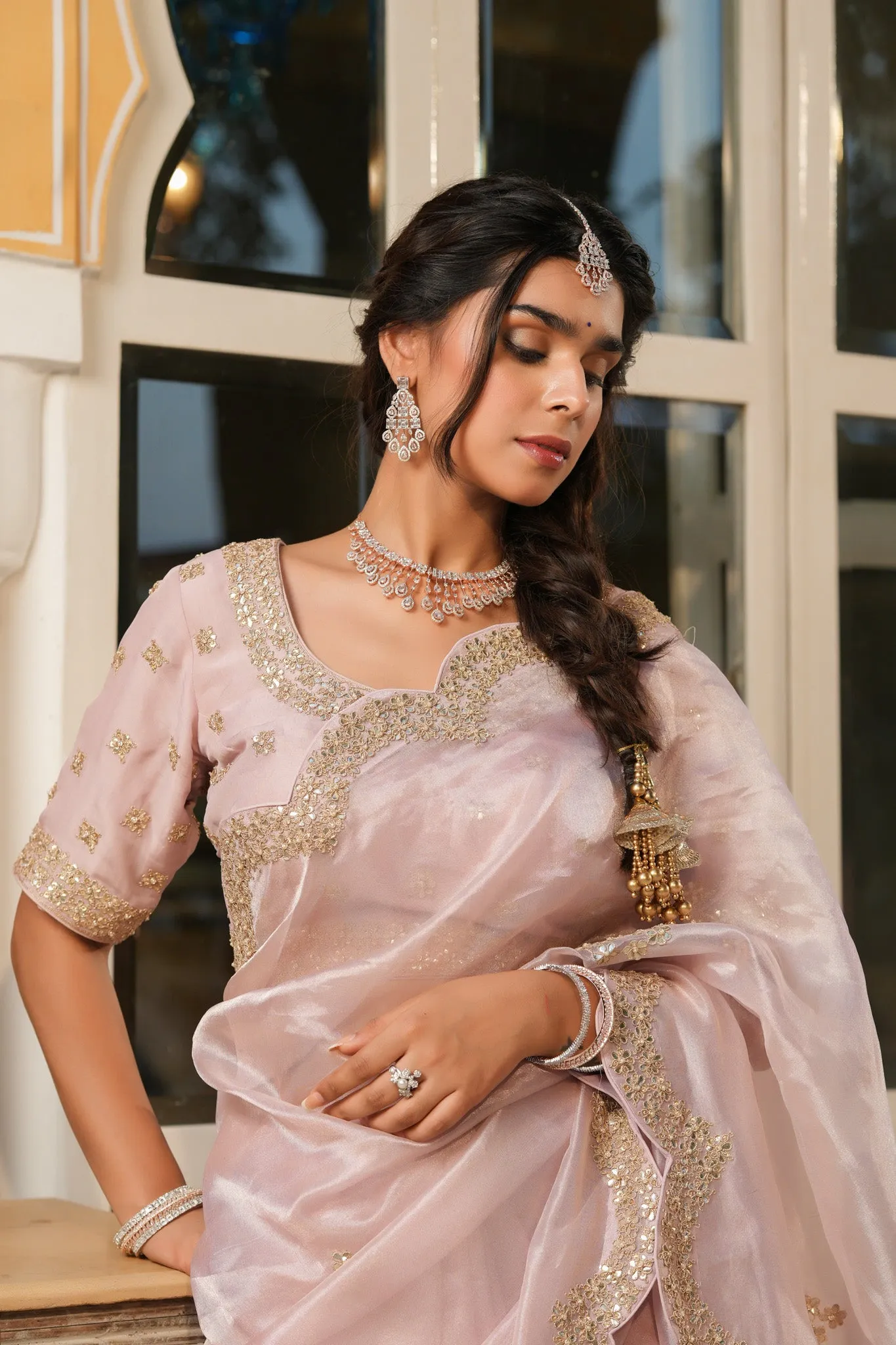 90Z754-RO Powder Pink Tissue Silk Sari with Scalloped Border