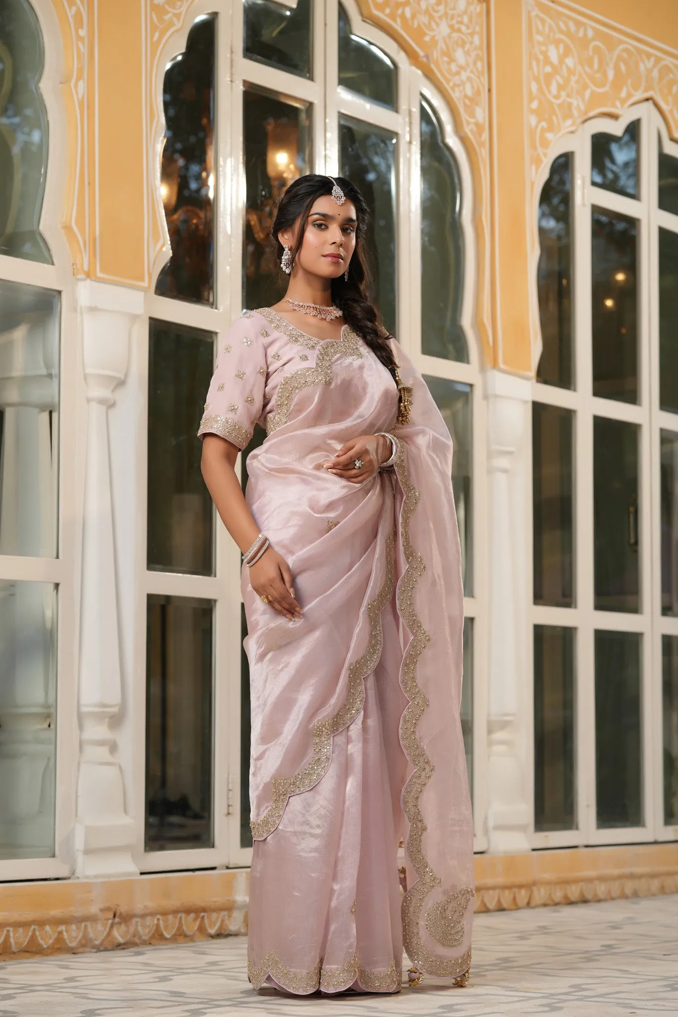 90Z754-RO Powder Pink Tissue Silk Sari with Scalloped Border