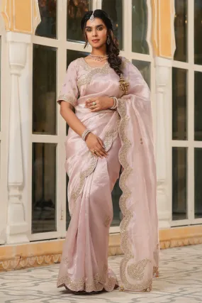 90Z754-RO Powder Pink Tissue Silk Sari with Scalloped Border