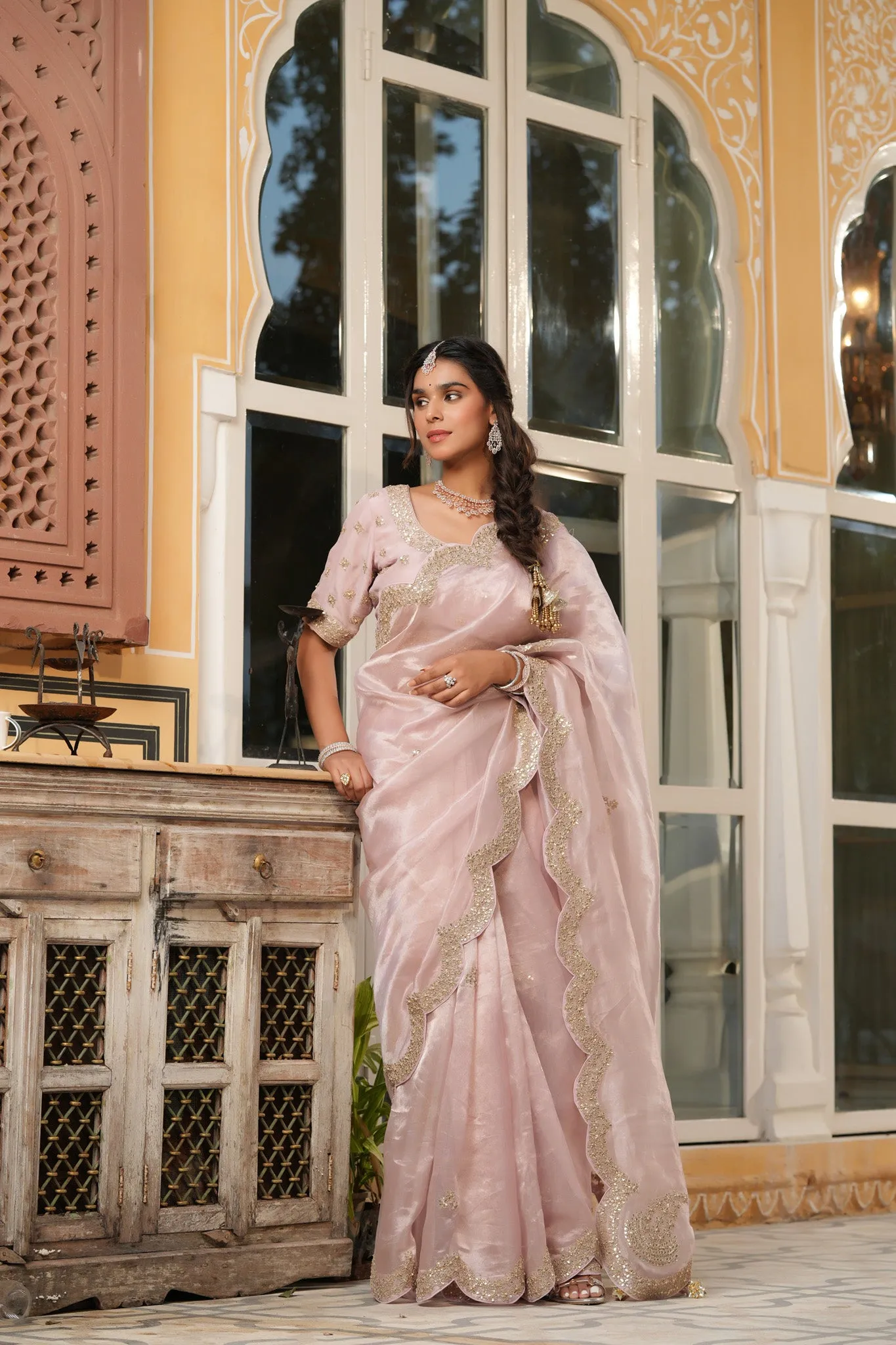 90Z754-RO Powder Pink Tissue Silk Sari with Scalloped Border