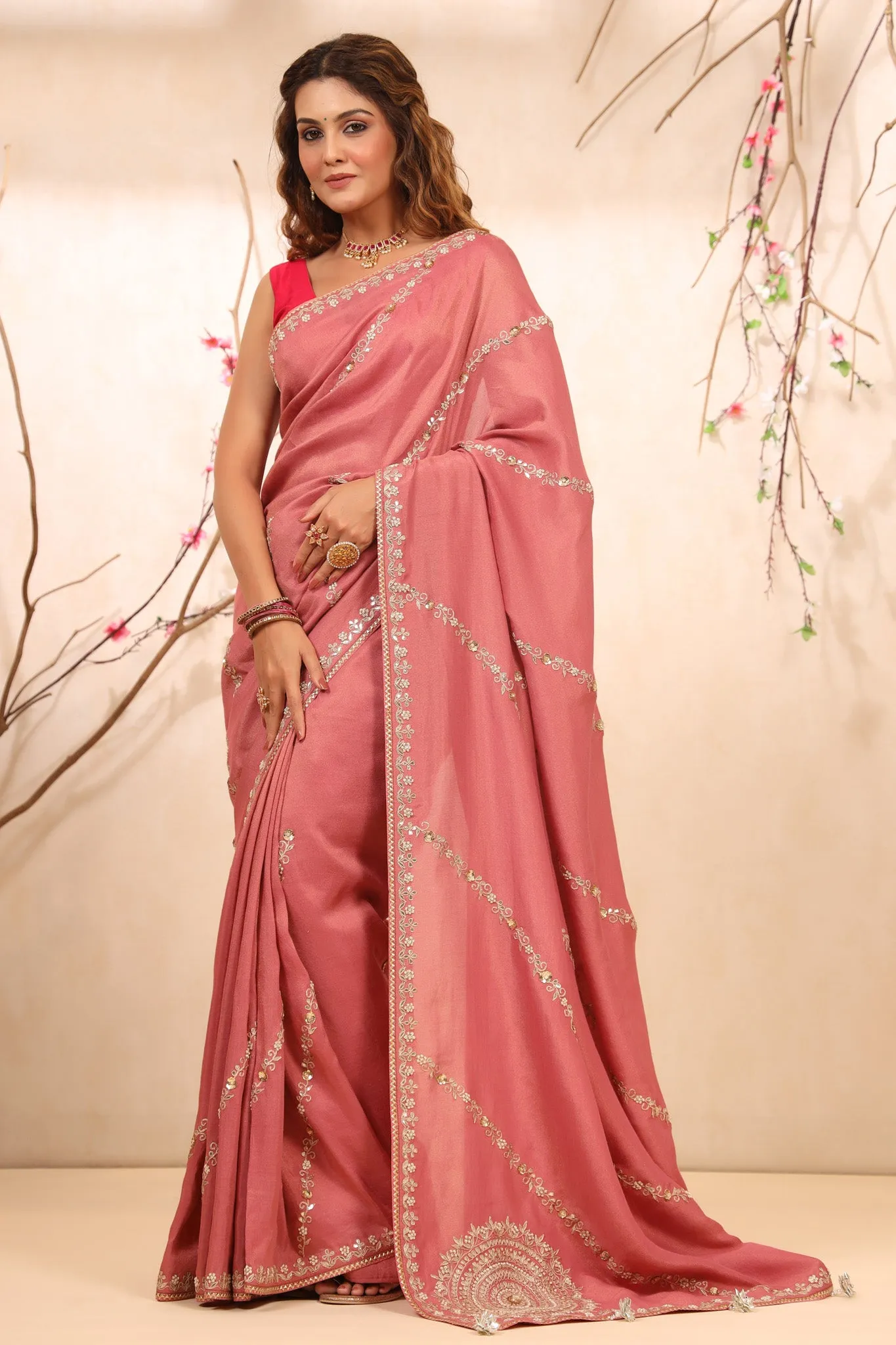 90Z770-RO Blush Pink Embroidered Tussar Georgette Sari