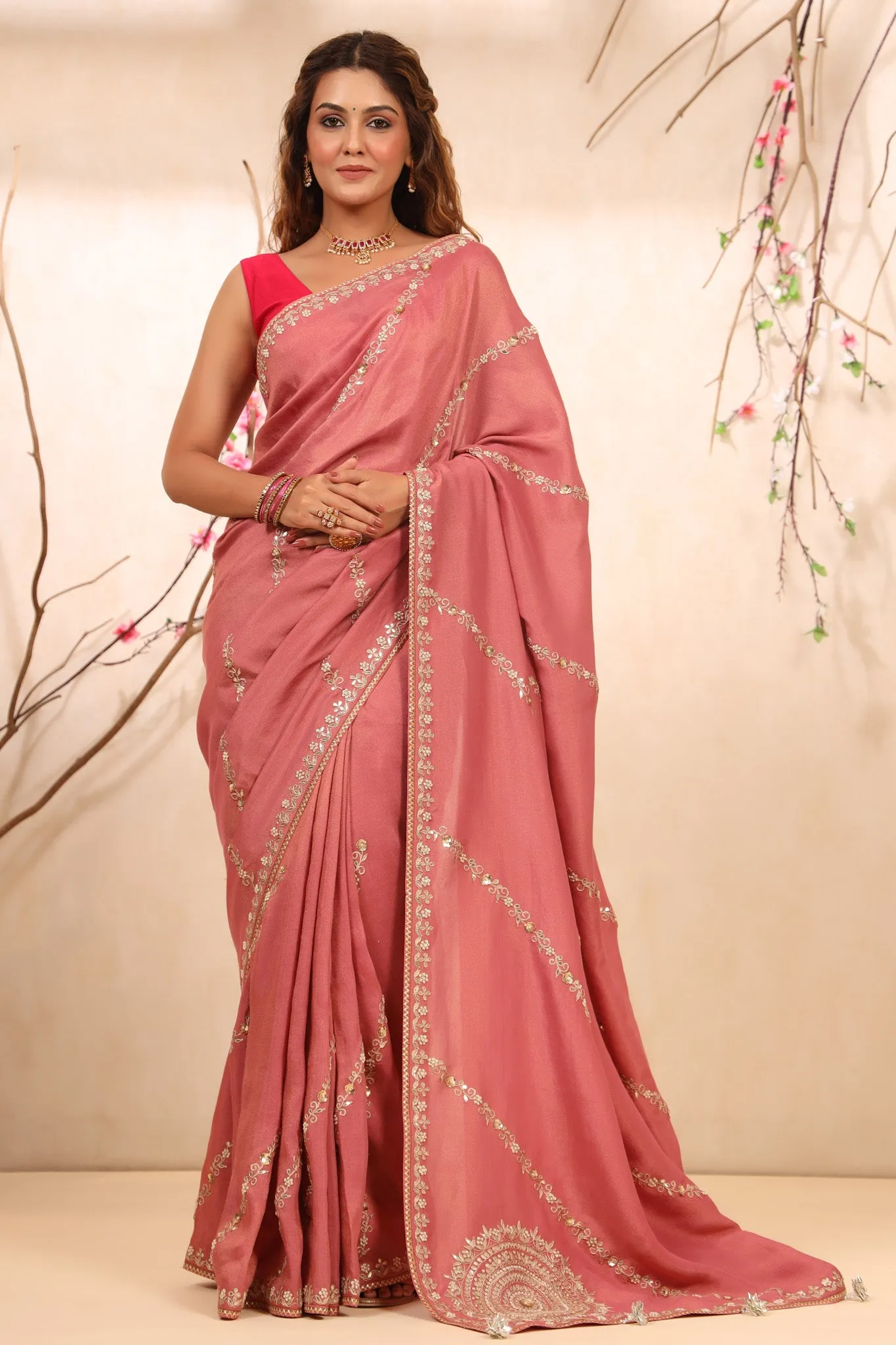 90Z770-RO Blush Pink Embroidered Tussar Georgette Sari