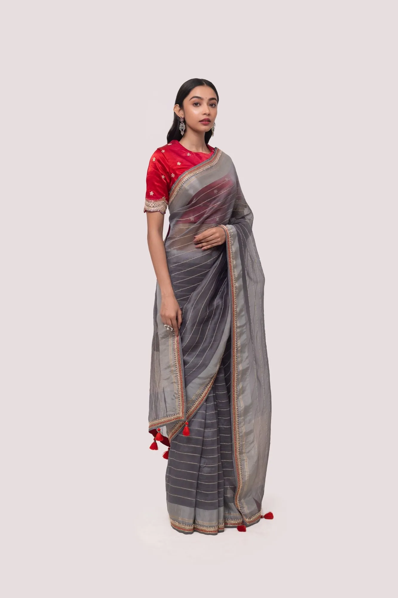 90Z785-RO Grey Georgette Saree with Embroidered Border