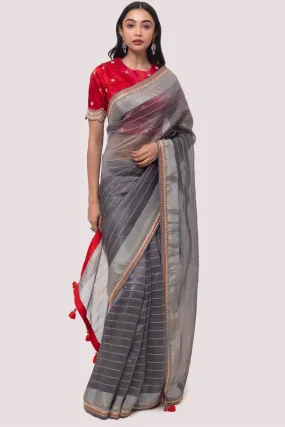 90Z785-RO Grey Georgette Saree with Embroidered Border