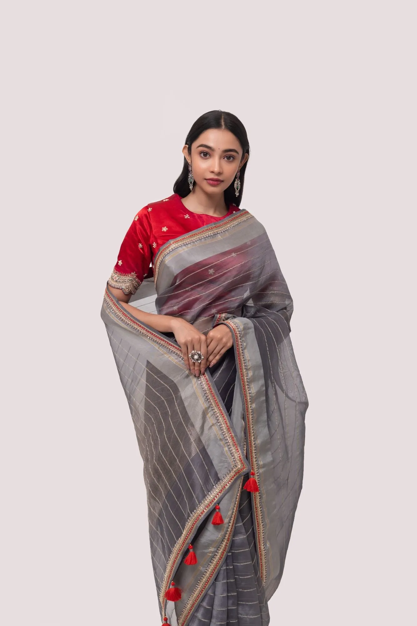 90Z785-RO Grey Georgette Saree with Embroidered Border