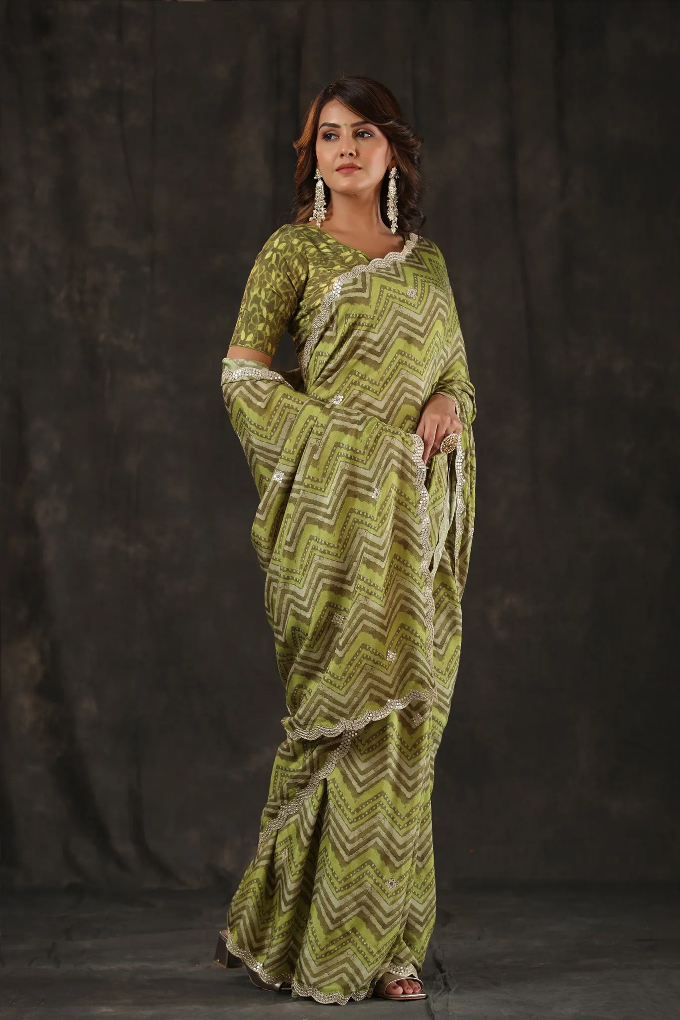 90Z794-RO Pista Green Chevron Print Crepe Sari with Scalloped Border