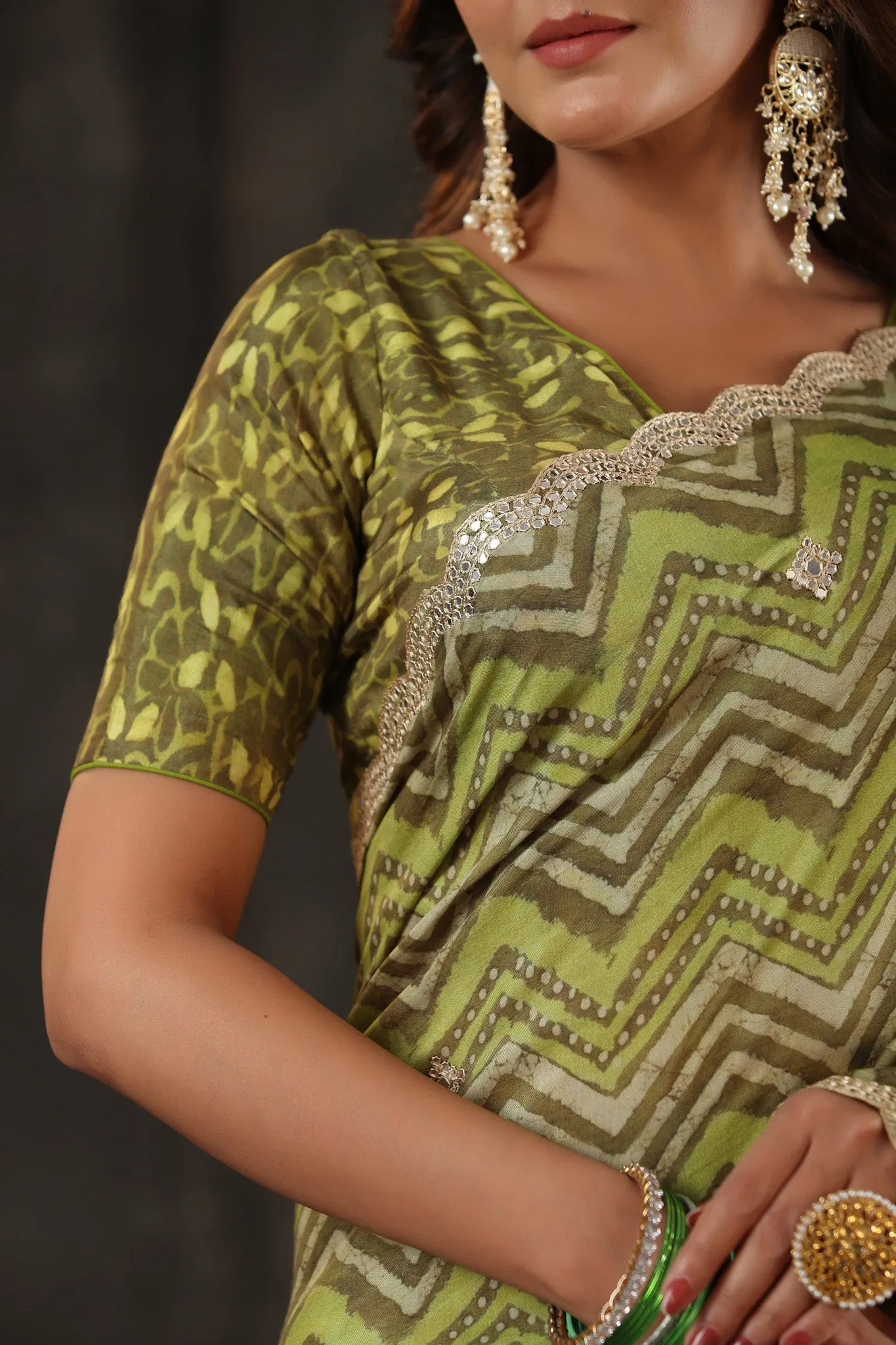 90Z794-RO Pista Green Chevron Print Crepe Sari with Scalloped Border