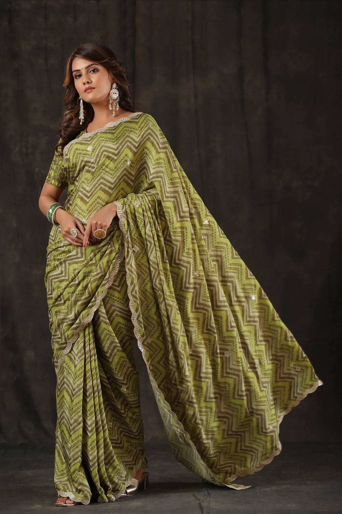 90Z794-RO Pista Green Chevron Print Crepe Sari with Scalloped Border