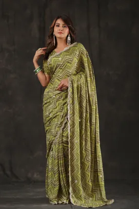 90Z794-RO Pista Green Chevron Print Crepe Sari with Scalloped Border