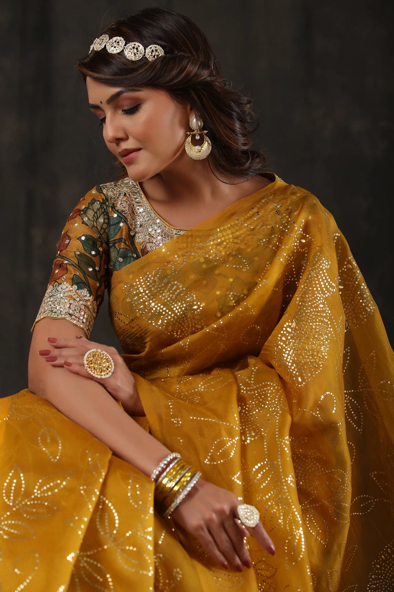 90Z805-RO Mustard Organza Saree with Designer Kalamkari Blouse