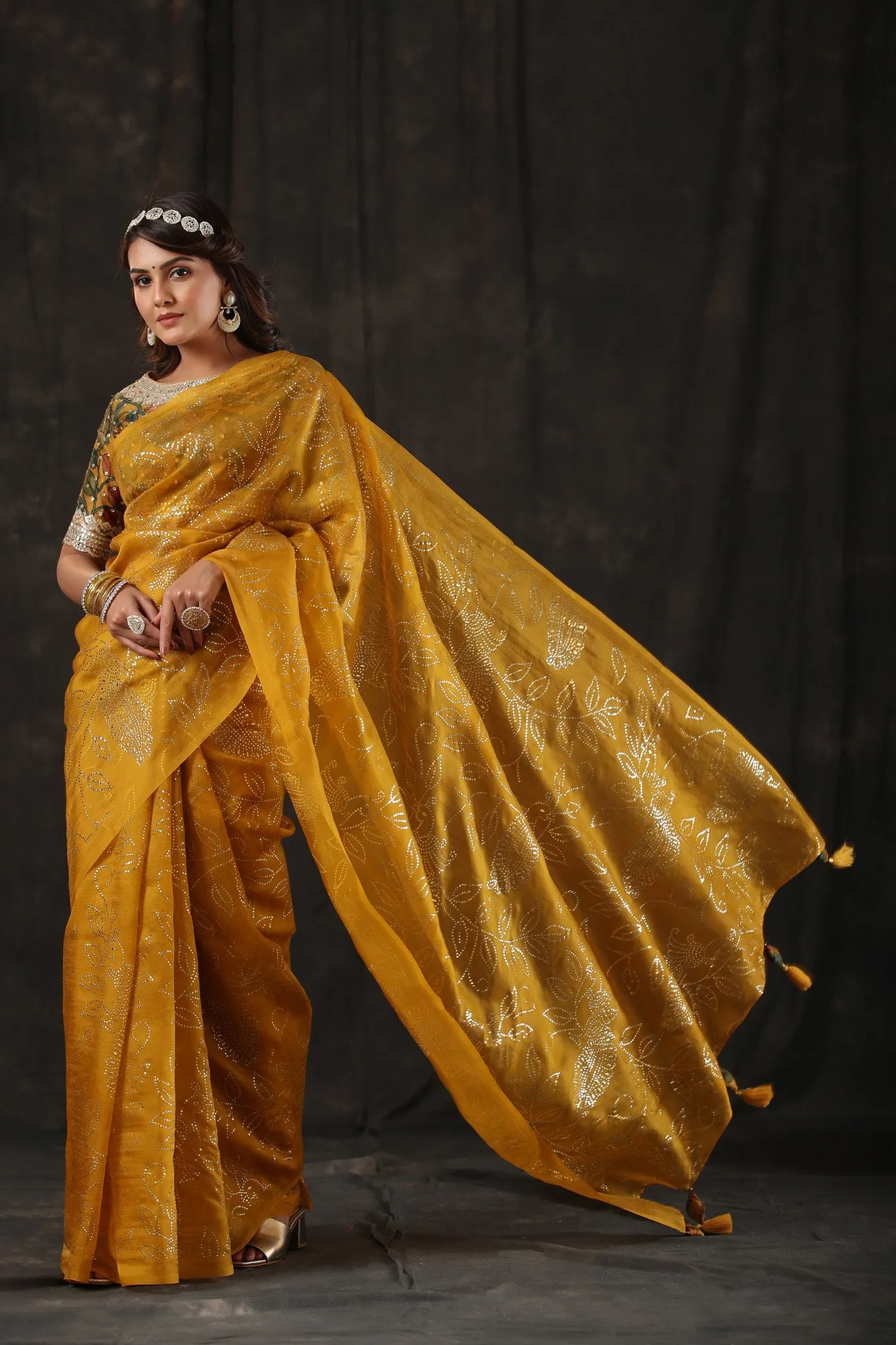 90Z805-RO Mustard Organza Saree with Designer Kalamkari Blouse