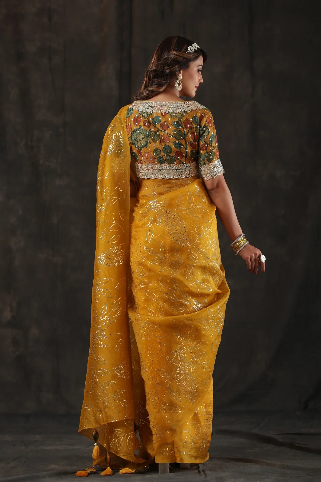 90Z805-RO Mustard Organza Saree with Designer Kalamkari Blouse