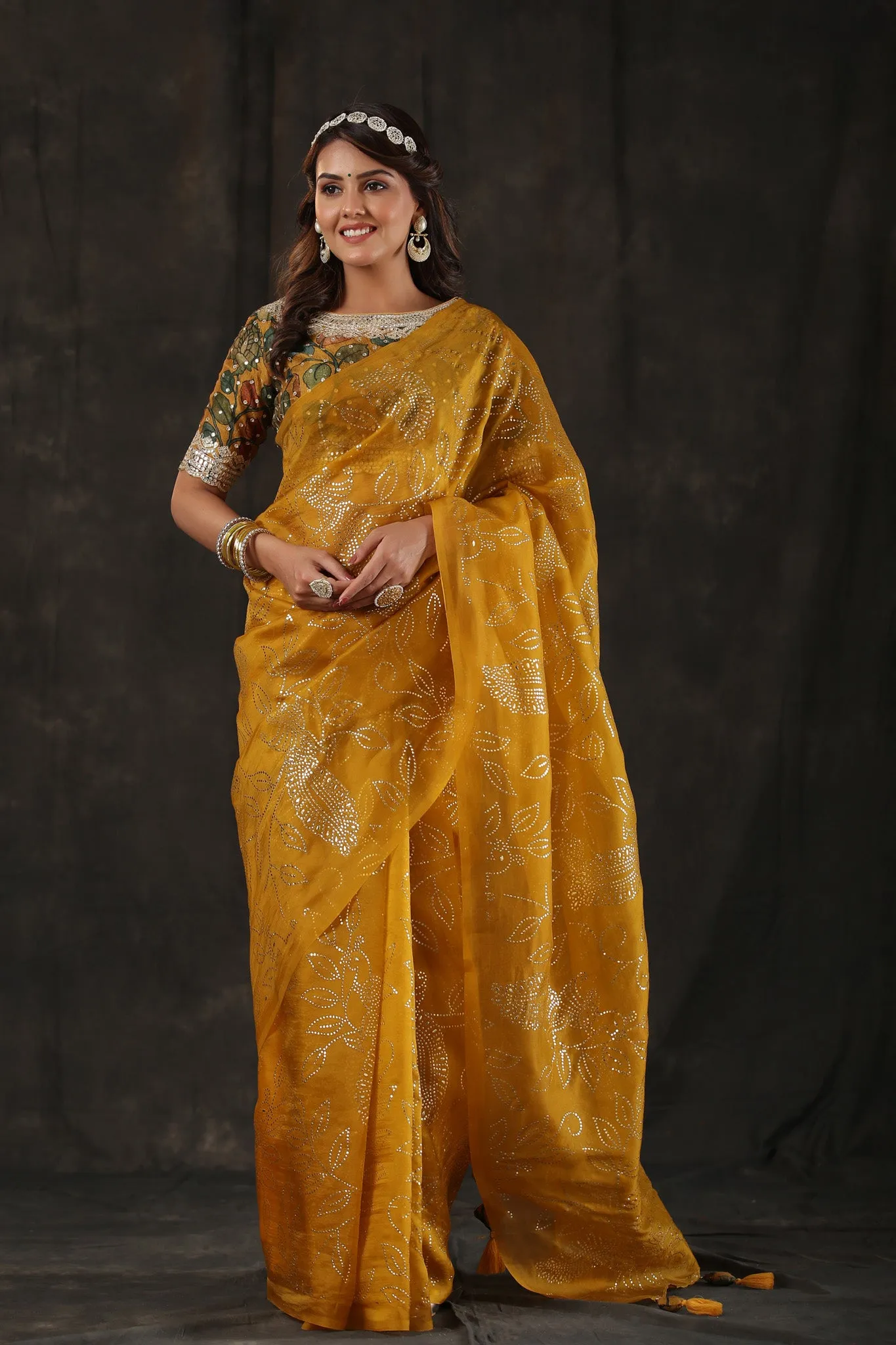 90Z805-RO Mustard Organza Saree with Designer Kalamkari Blouse