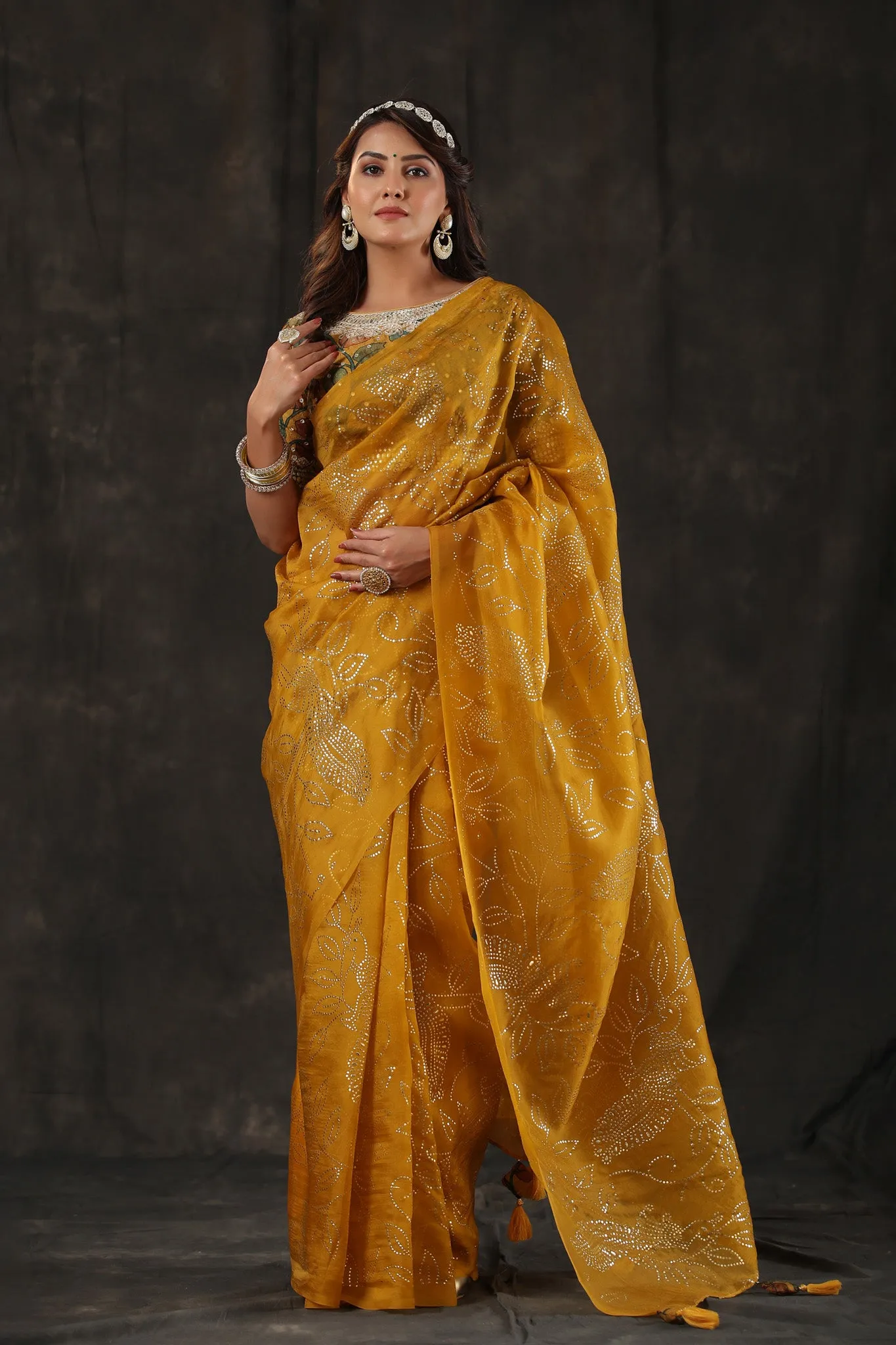 90Z805-RO Mustard Organza Saree with Designer Kalamkari Blouse