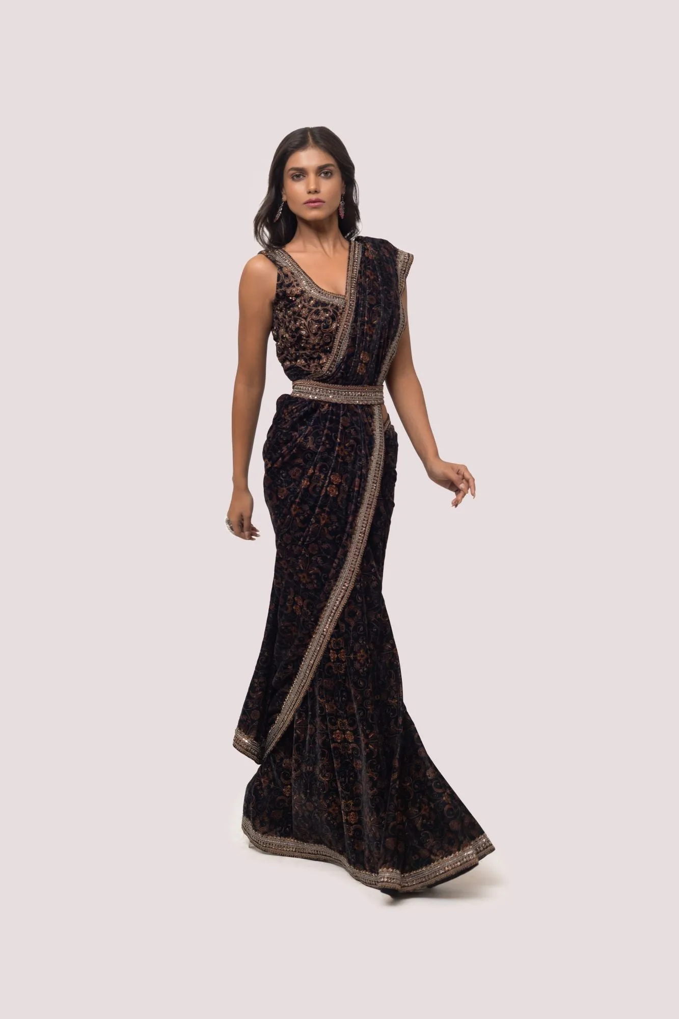 90Z846-RO Black Kalamkari Velvet Saree with Blouse