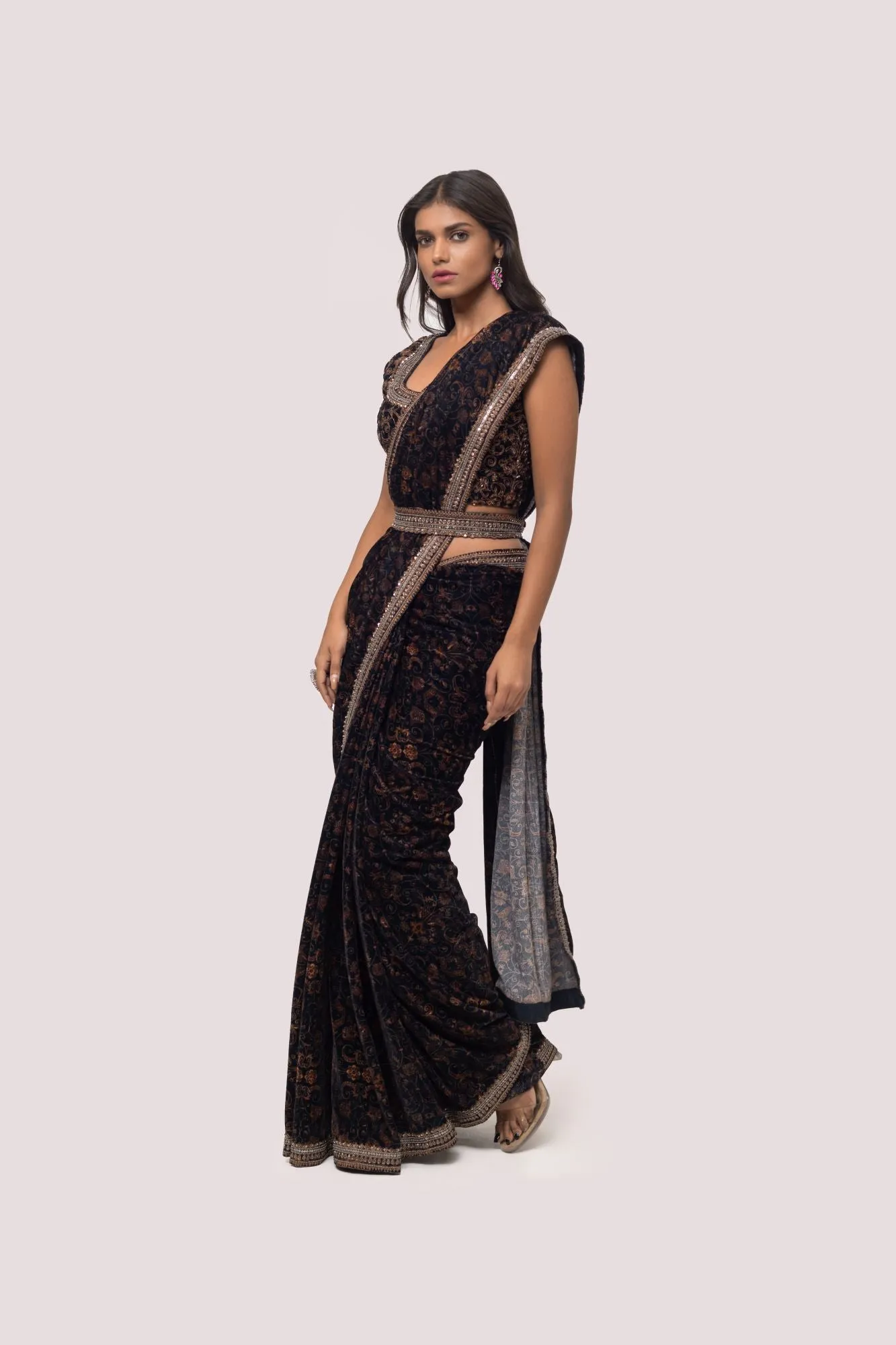 90Z846-RO Black Kalamkari Velvet Saree with Blouse