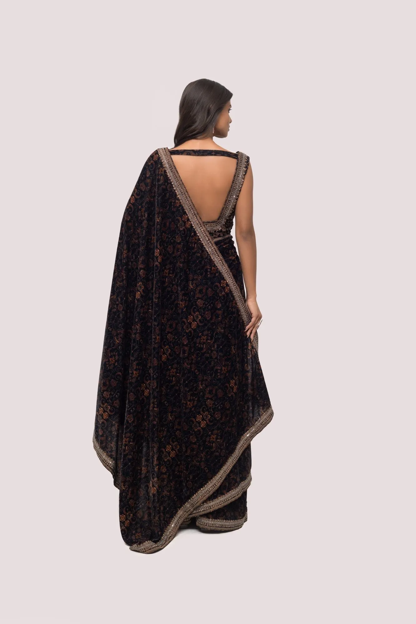 90Z846-RO Black Kalamkari Velvet Saree with Blouse