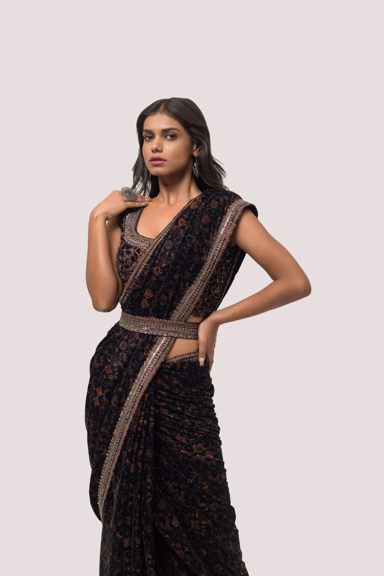 90Z846-RO Black Kalamkari Velvet Saree with Blouse