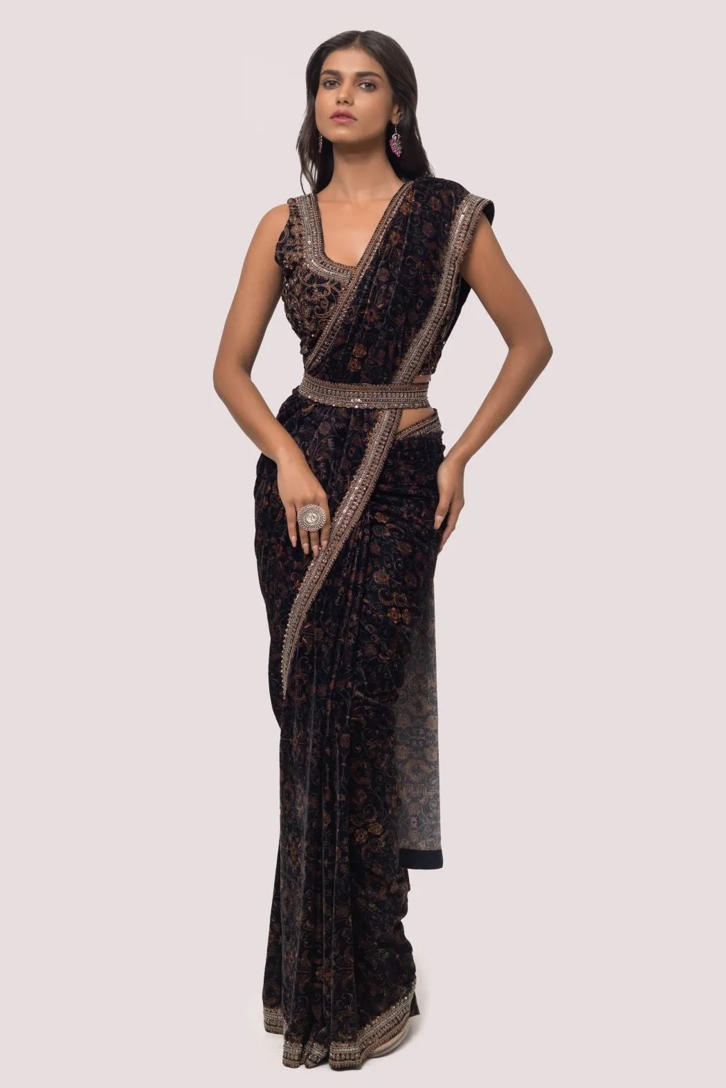 90Z846-RO Black Kalamkari Velvet Saree with Blouse