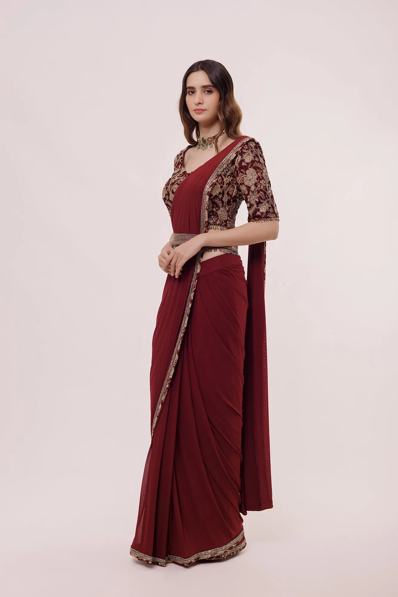 90Z867-RO Wine Floral Embroidered Pre Stiched Saree Set