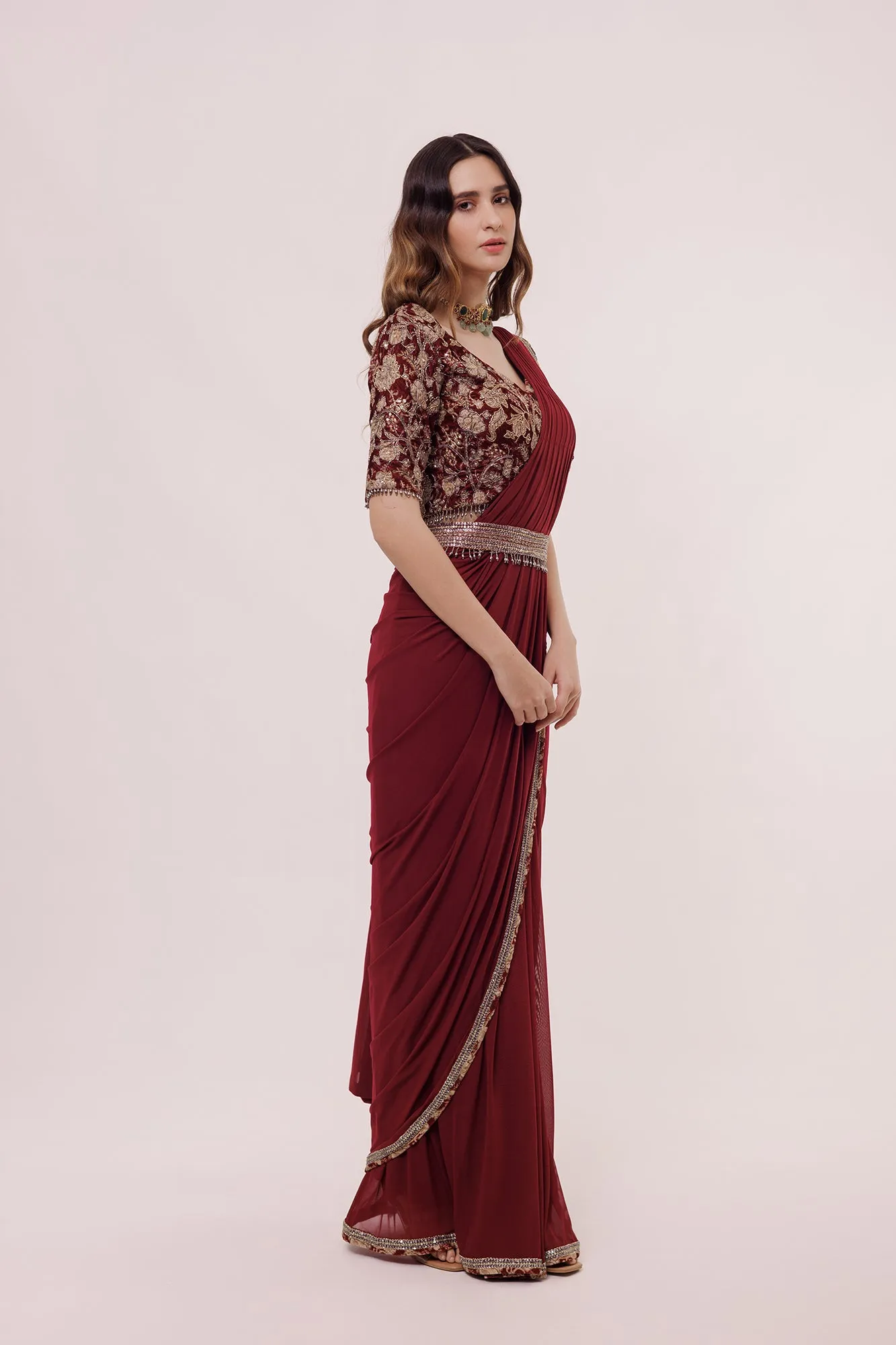 90Z867-RO Wine Floral Embroidered Pre Stiched Saree Set