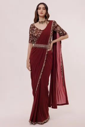 90Z867-RO Wine Floral Embroidered Pre Stiched Saree Set