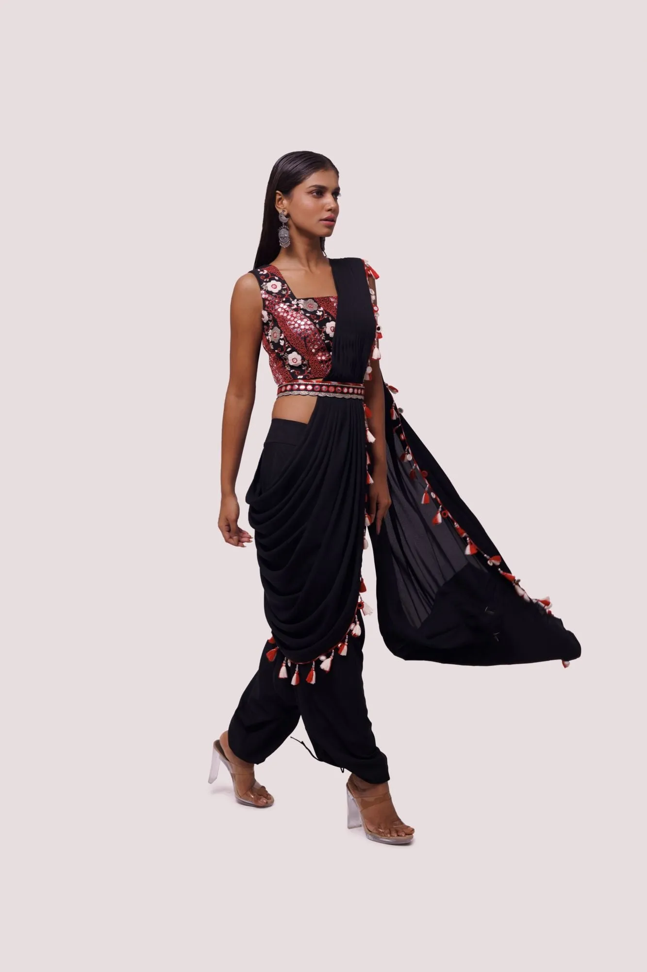 90Z870-RO Black Pearl Embroidered Drape Saree Set