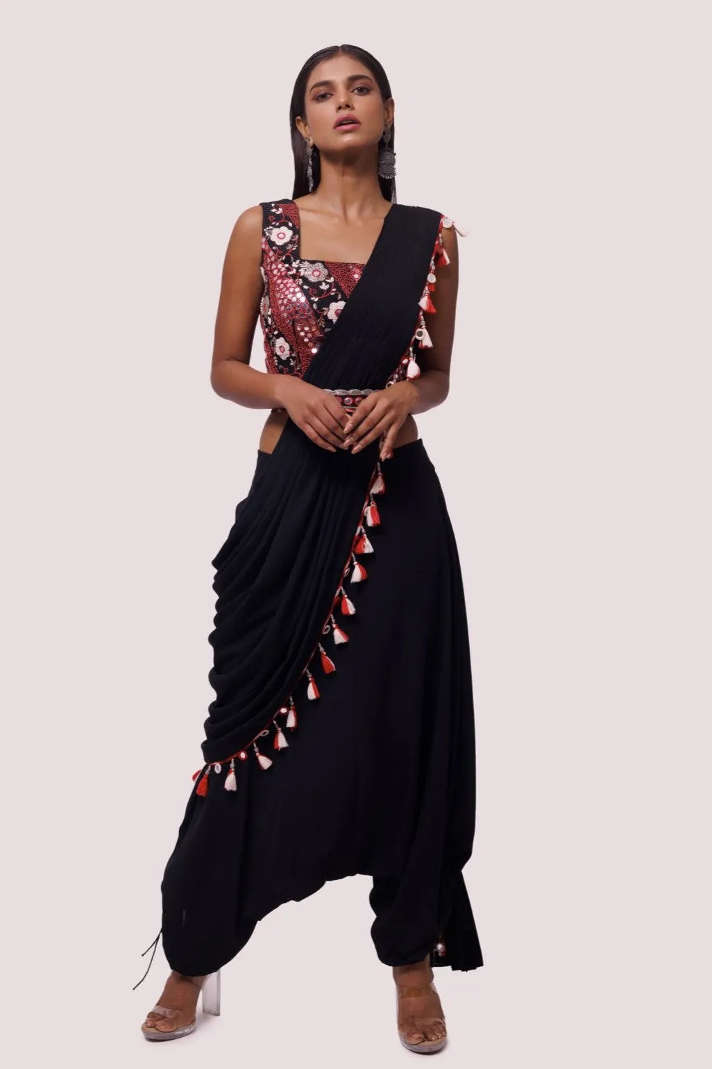 90Z870-RO Black Pearl Embroidered Drape Saree Set