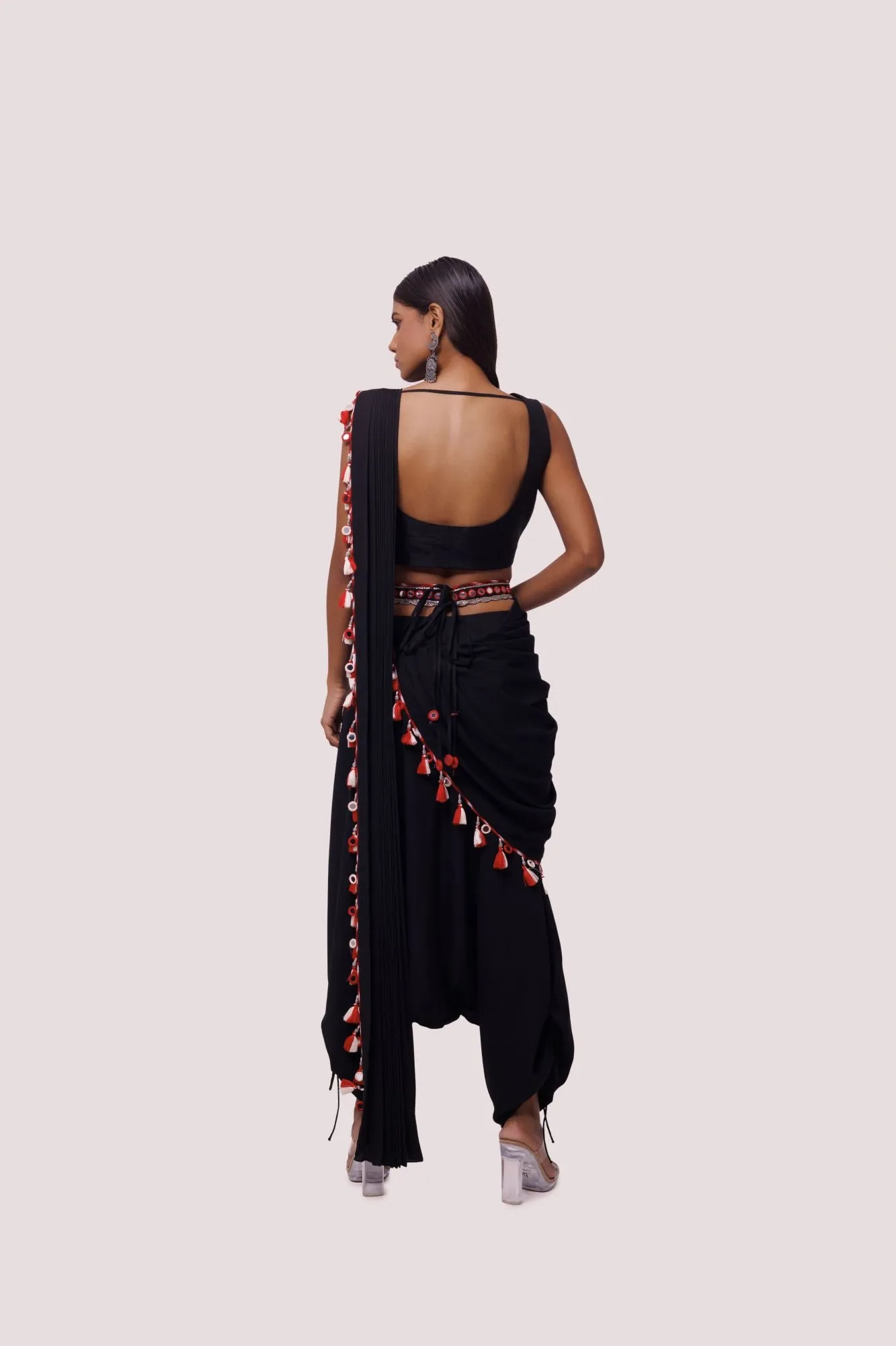 90Z870-RO Black Pearl Embroidered Drape Saree Set