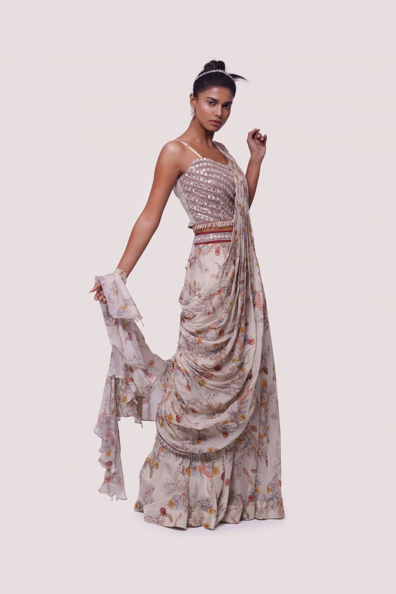 90Z907-RO Beige Floral Printed Ruffle Saree Set