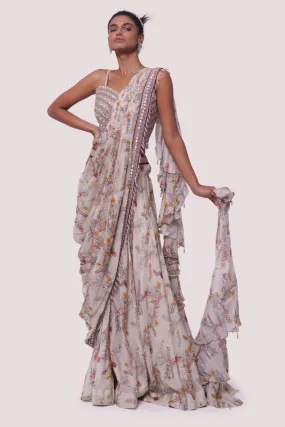 90Z907-RO Beige Floral Printed Ruffle Saree Set