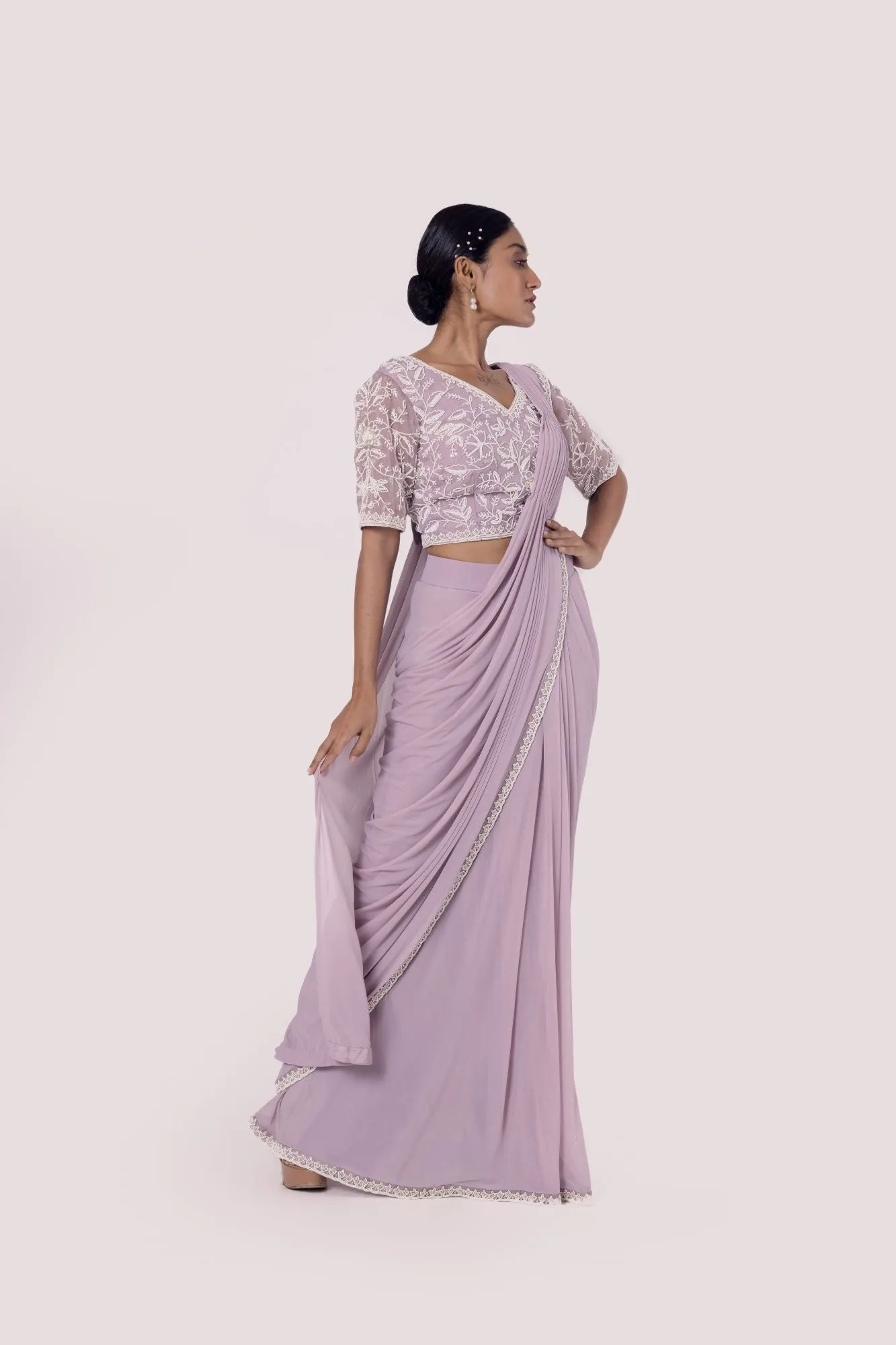 90Z925-RO Lavender Drape Saree With Moti Work