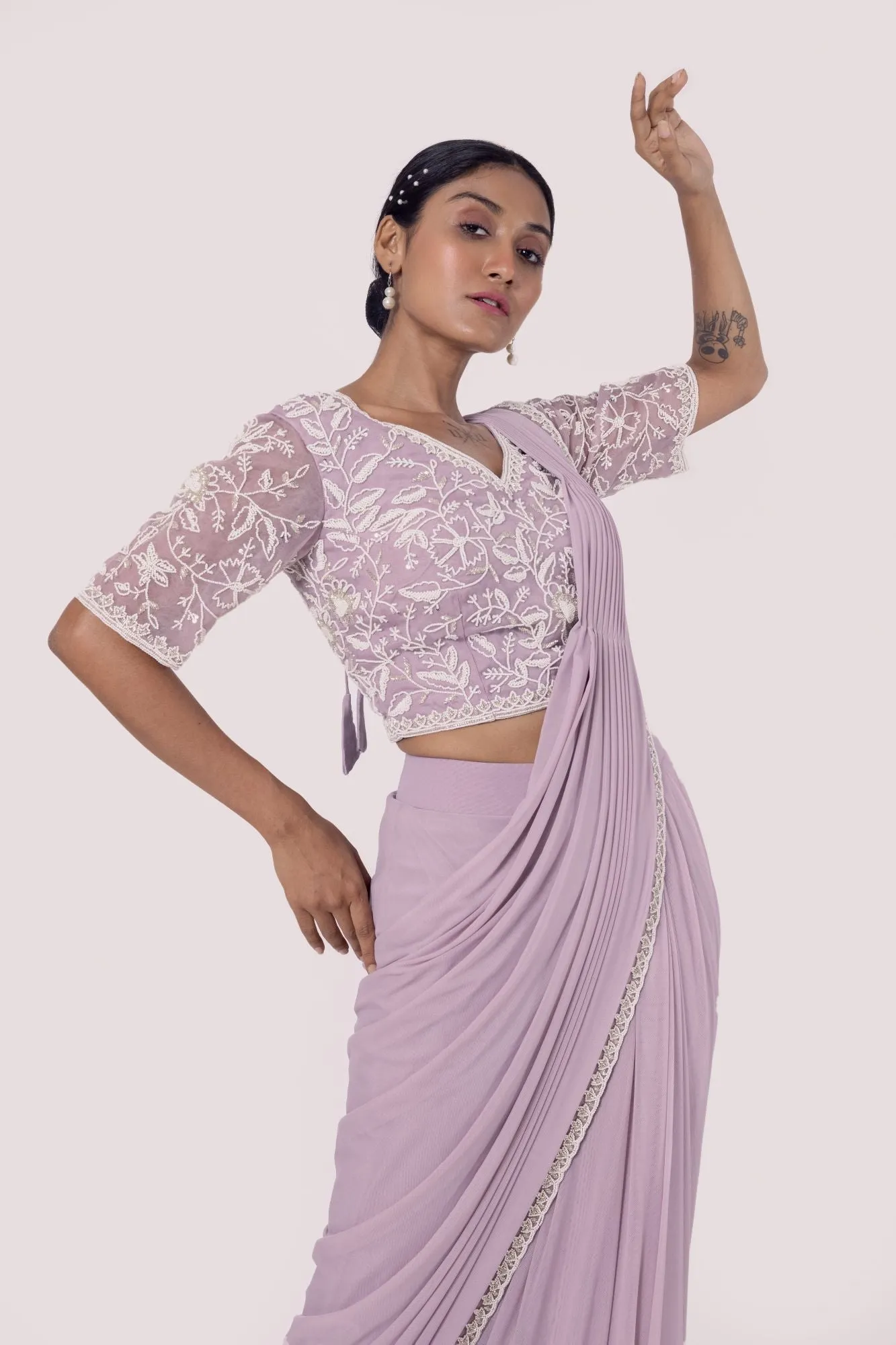 90Z925-RO Lavender Drape Saree With Moti Work