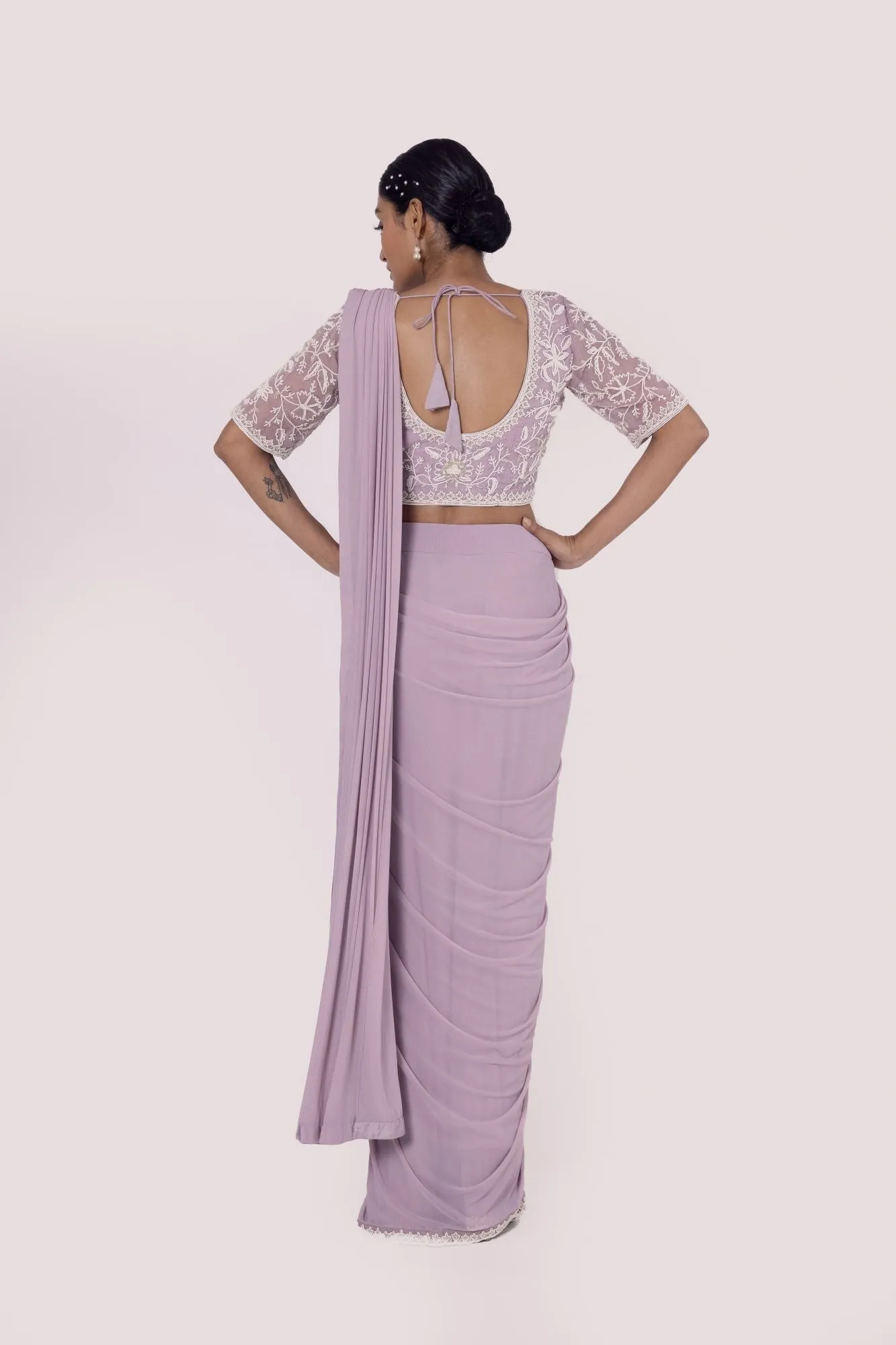 90Z925-RO Lavender Drape Saree With Moti Work