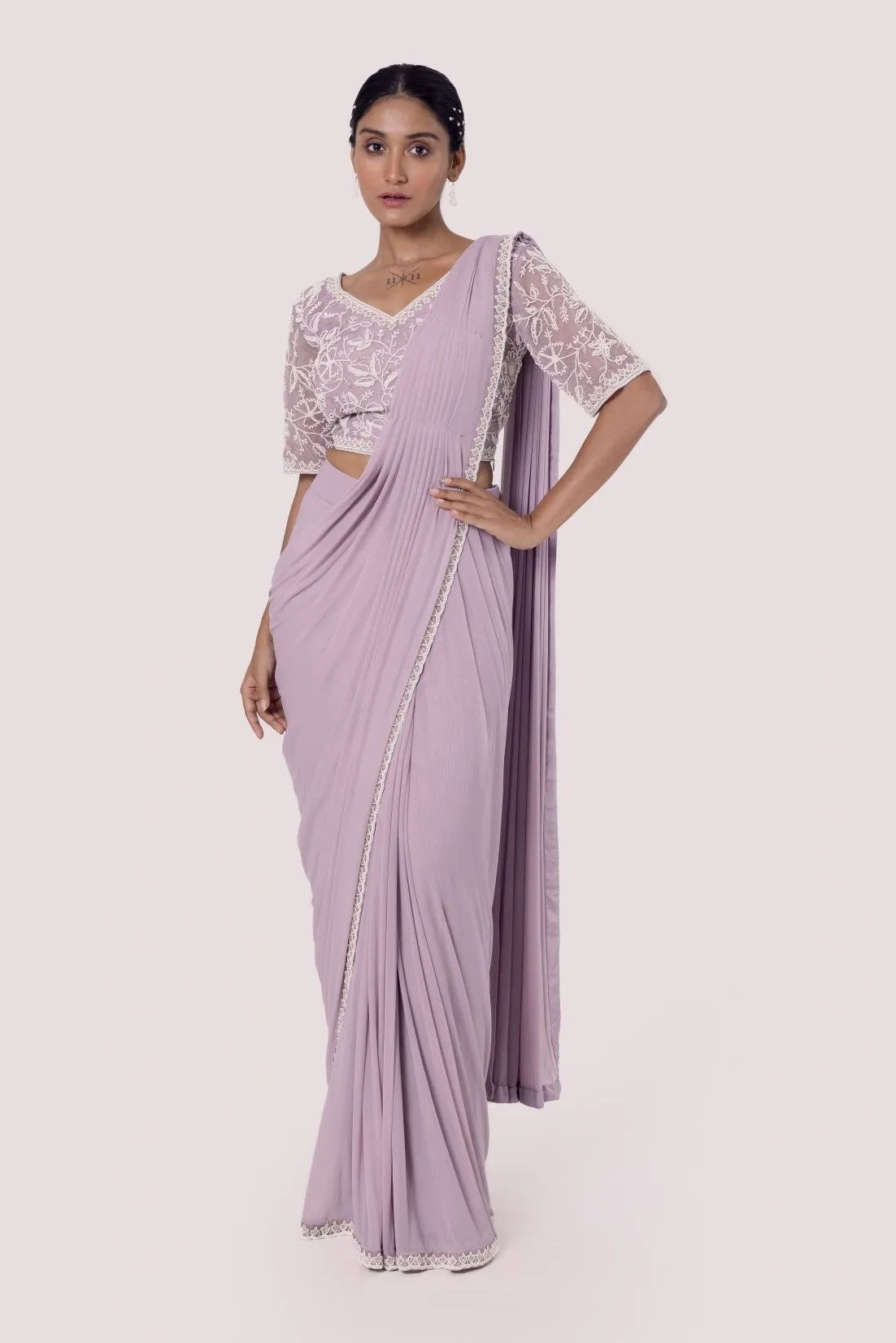 90Z925-RO Lavender Drape Saree With Moti Work