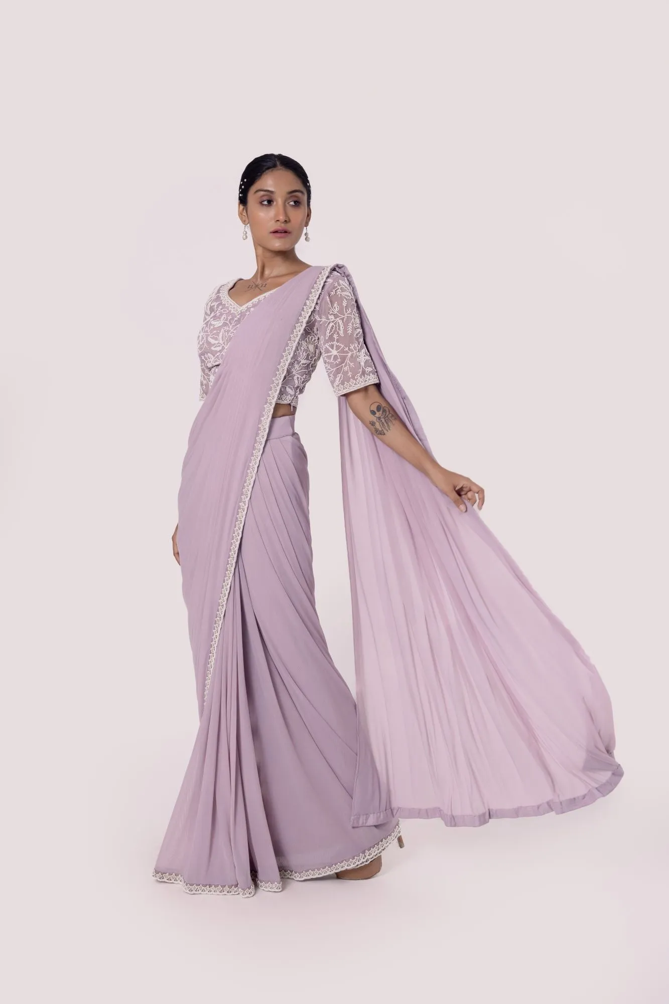 90Z925-RO Lavender Drape Saree With Moti Work