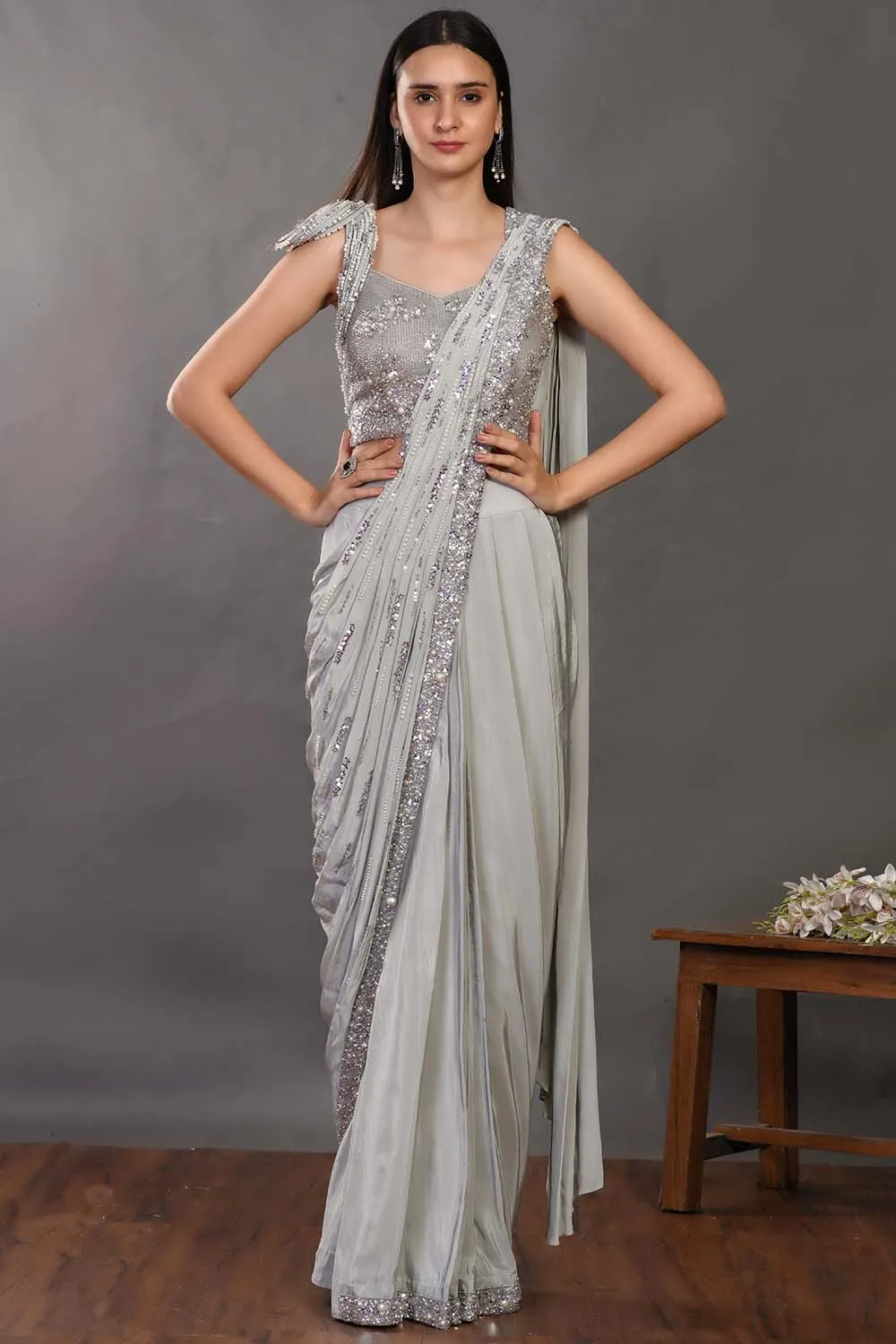 90Z937-RO Light Grey With Pearl Sequence Work