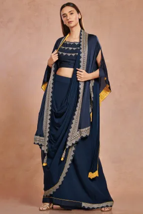 90Z953-RO Navy Blue Drape Saree Set With Slit Sleeved Jacket